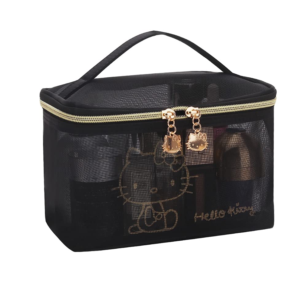 AmBealla Large Cosmetic Makeup Bag - Black Nylon Mesh Travel Organizer with Handle for Women | Toiletry & Beauty Storage Case for Skincare Tools, Makeup Brushes | Perfect for Travel, Home Organization & Gift for Girls