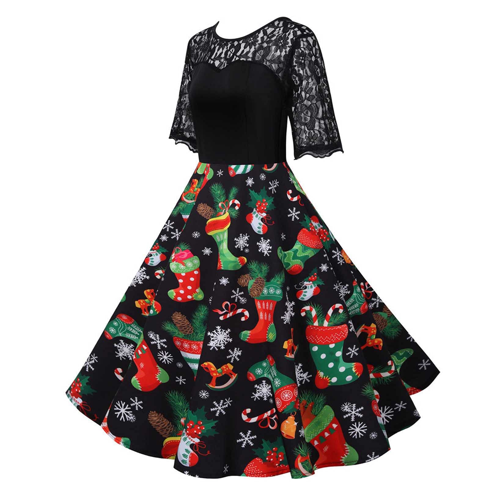 Vintage Christmas Party Dress for Women - Short Sleeve O-Neck Printed Holiday Gown | Christmas Vacation Outfit & Festive Activewear | Perfect for Holiday Parties, Family Gatherings & Christmas Photos