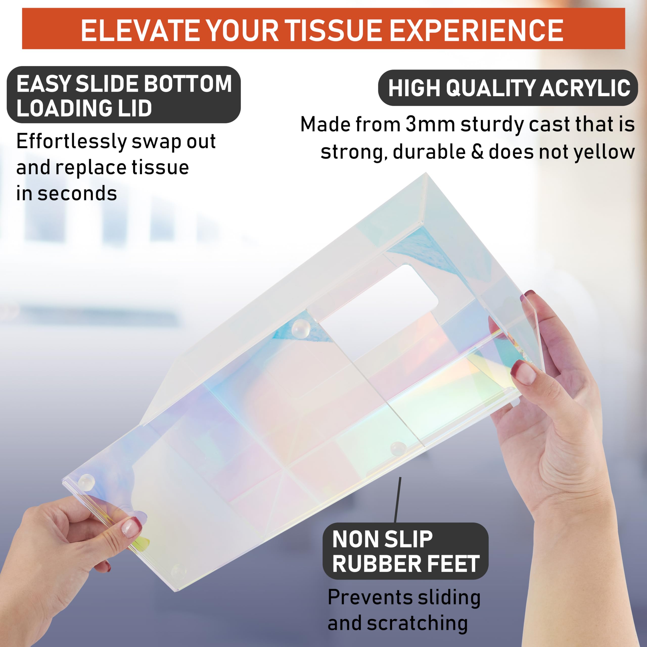 Clear Acrylic Tissue Box Holder - Rectangle Iridescent Dispenser for Facial Tissues, Napkins & Dryer Sheets | Bathroom, Bedroom, Office Desk & Vanity Organizer | Modern Home Decor for Countertops & Nightstands