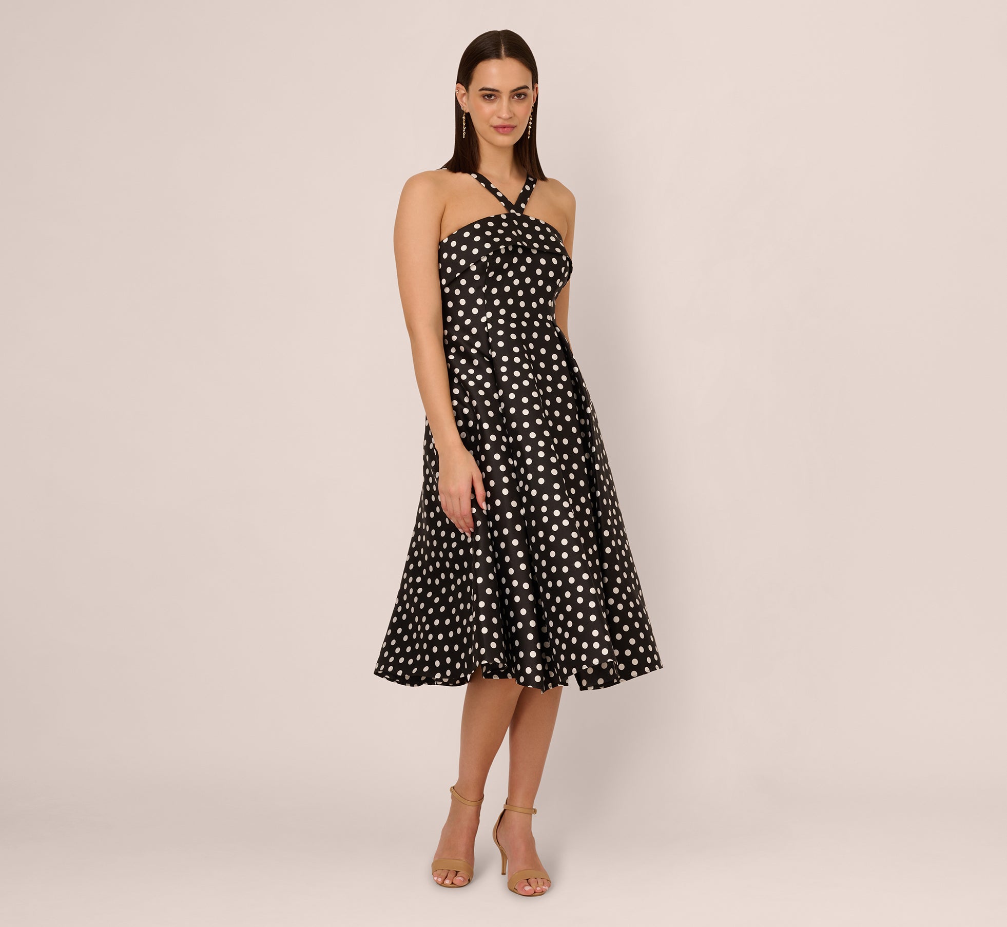 Polka Dot Halter Fit and Flare Midi Dress - Black & Ivory | Summer Casual, Beach Wedding, Party Outfit