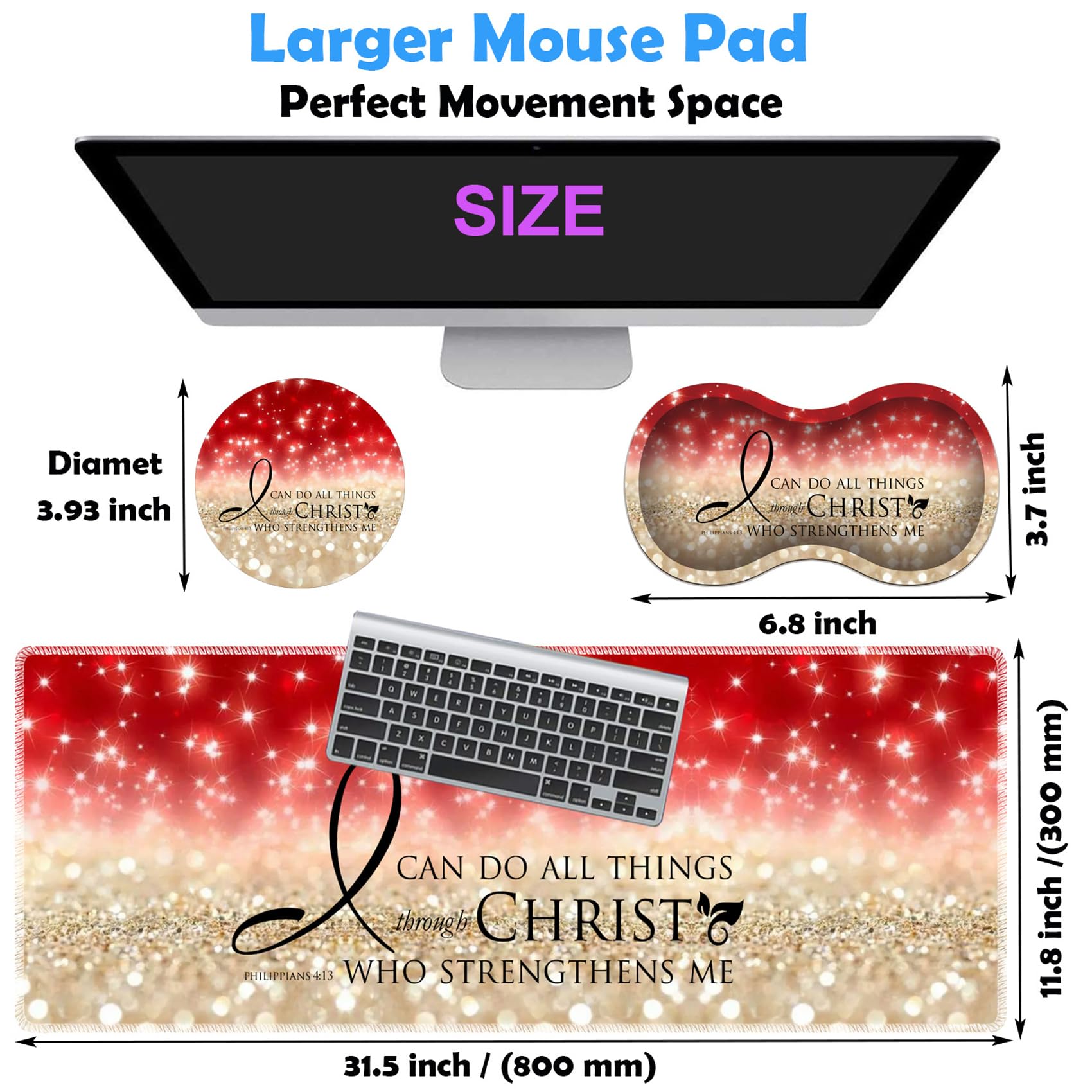 3-Piece Premium Mouse Pad Set with Stitched Edge - Large Anti-Slip Desk Mat, Keyboard Pad & Memory Foam Wrist Rest + Bonus Coaster - Bible Verse Philippians 4:13 in Pink - Perfect for Office, Home & Gaming Workstations