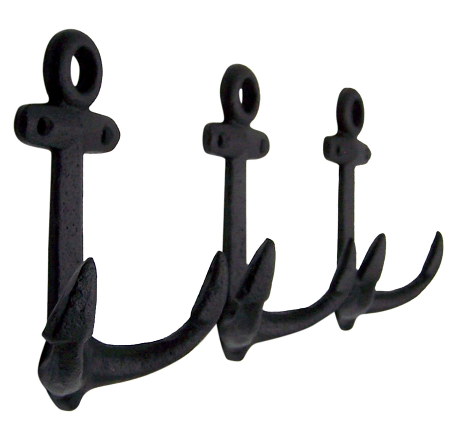Nautical Cast Iron Ship Anchor Wall Hooks - Set of 3 (6 Inch, Black) - Perfect for Beach House Decor, Boat Accessories & Coastal Themed Home Decor