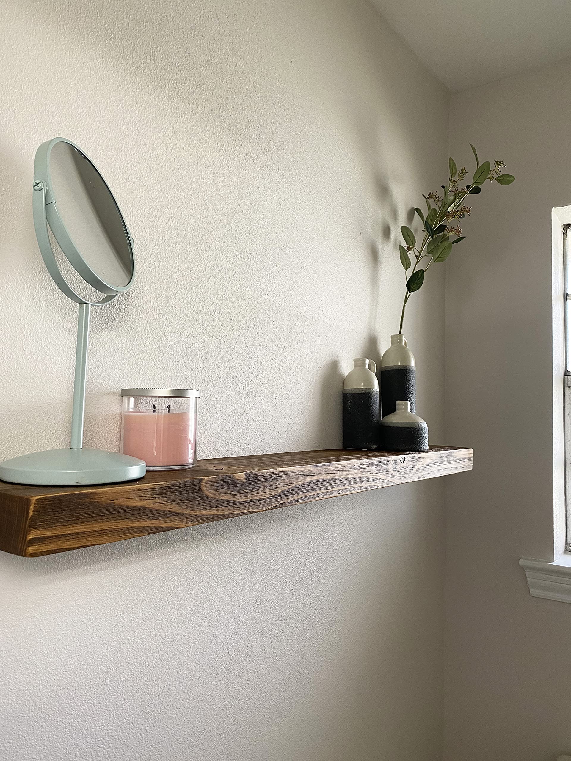 Joel's Antiques - 42 Inch Natural Wood Floating Wall Shelves - Heavy Duty Rustic Shelf for Bedroom, Living Room & Kitchen - Medium Brown 42x6x2 Inches - Perfect for Displaying Books, Photos & Home Decor