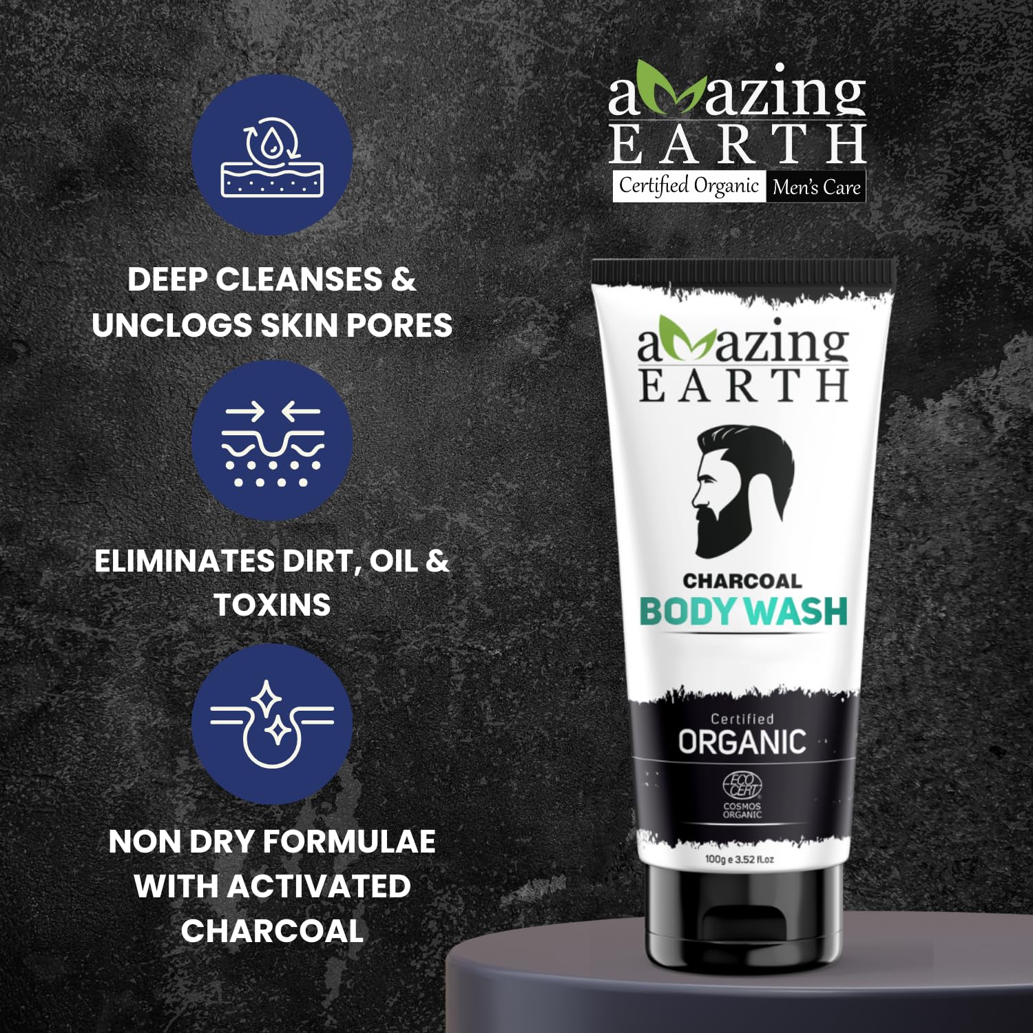 Organic Activated Charcoal Body Wash for Men - Sulfate & Paraben Free, Vegan & Cruelty Free - Deep Cleansing with Rice, Neem & Orange Extract - Controls Oil, Dirt & Pollution - 100ml - Perfect for Gym, Travel & Daily Detox