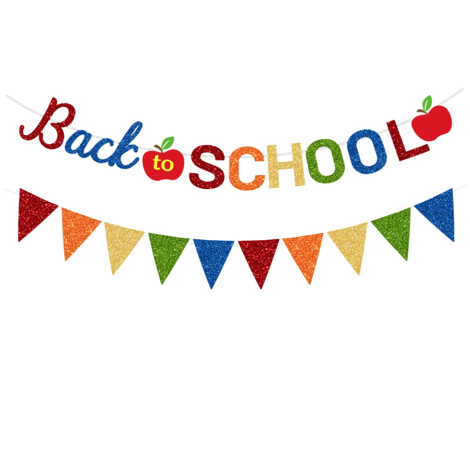 Glitter Back to School Banner & Colorful Pennant Garland - Welcome Decor for Classroom, Teacher Office, First Day of School | Perfect for Bulletin Boards, Door Decorations & School Party Supplies