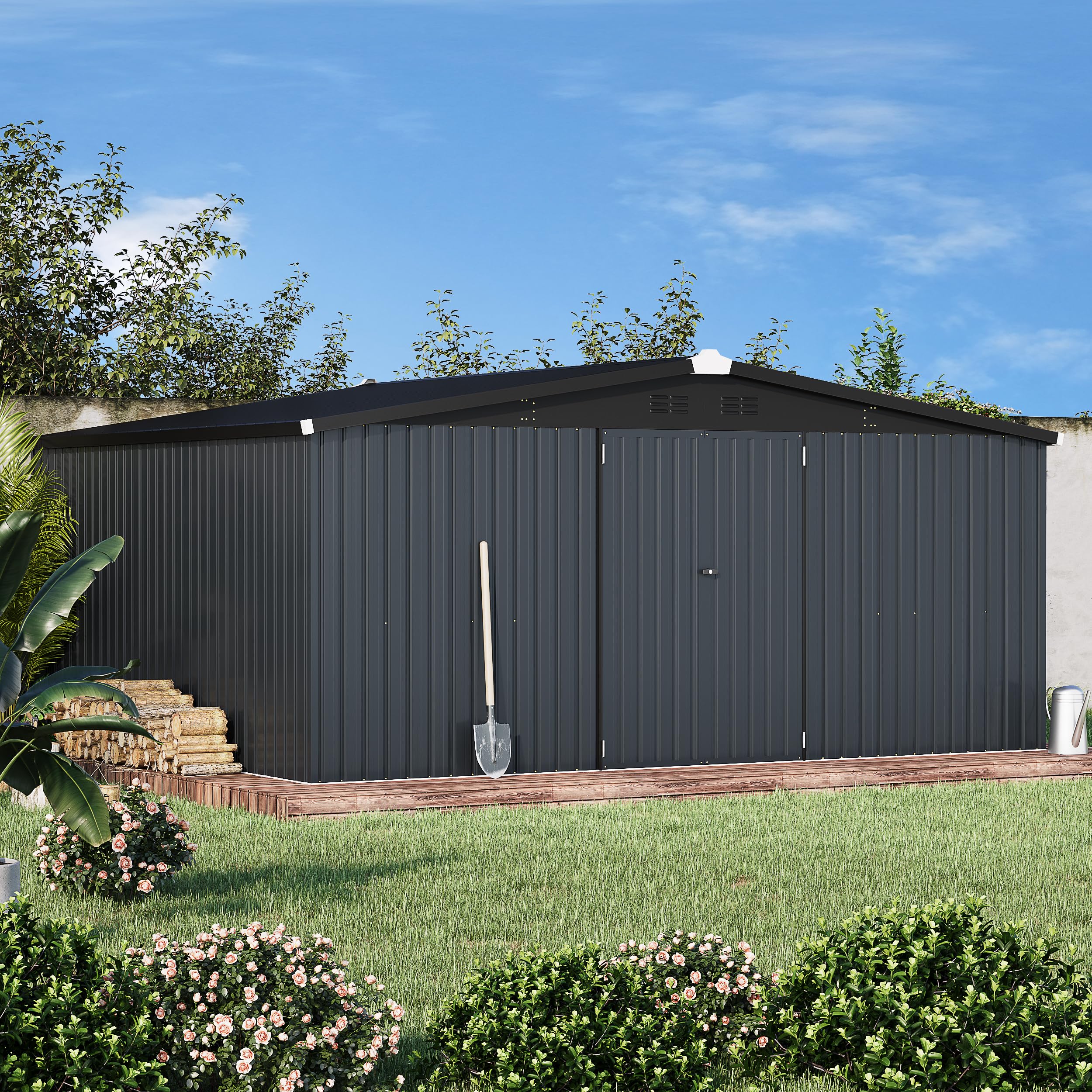 AECOJOY 14' x 12' Outdoor Metal Storage Shed - Heavy Duty Steel Utility Shed with Lockable Doors for Garden, Patio & Backyard - Weather Resistant Dark Grey Tool Shed for Lawn Equipment, Bikes & Seasonal Storage