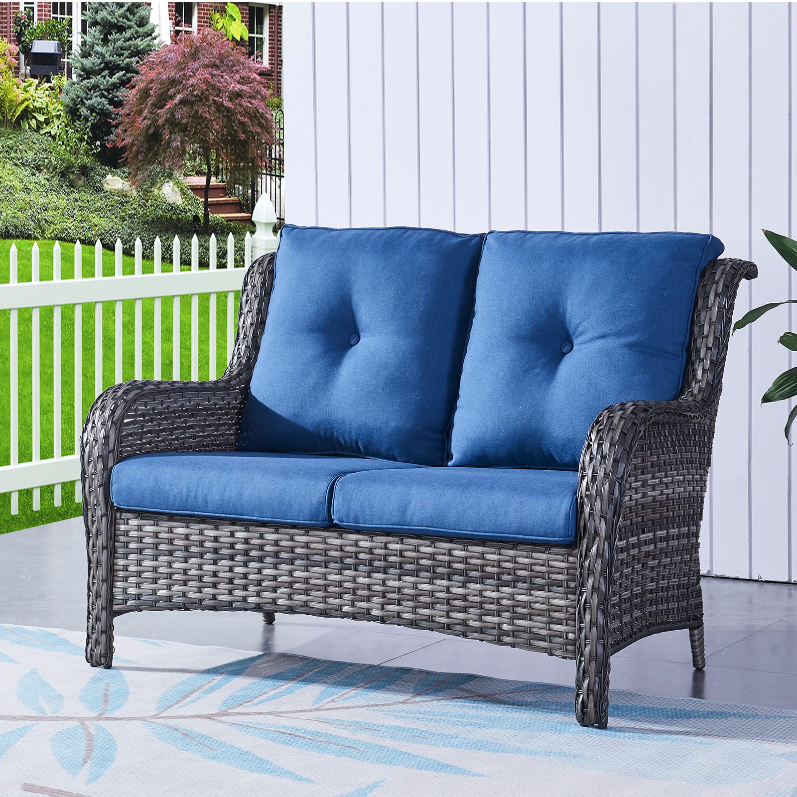 2-Seat Wicker Patio Loveseat - Outdoor Rattan Sofa with Deep Seating & Cushions, Mixed Grey/Blue - Perfect for Porch, Deck, Balcony & Backyard Relaxation