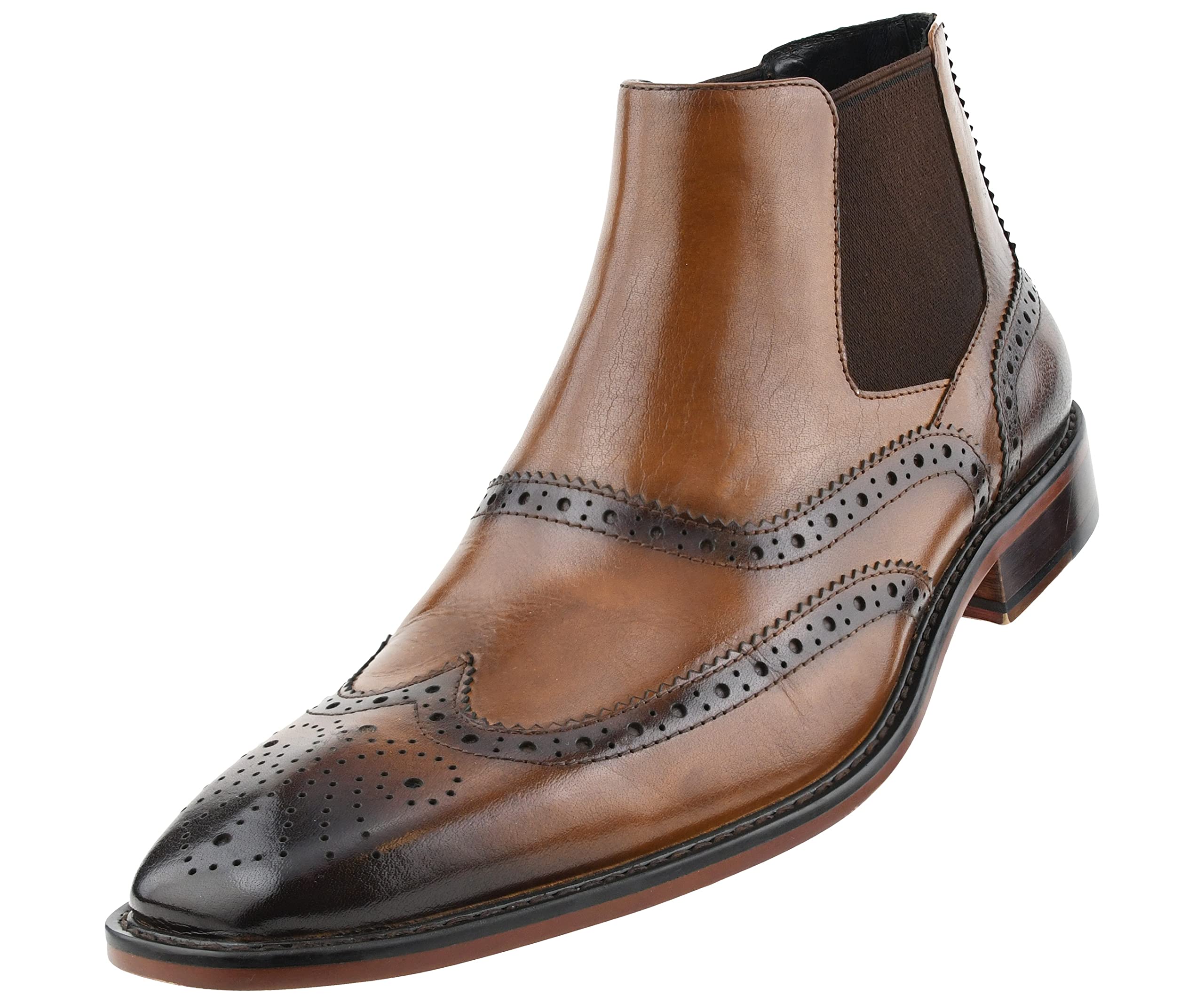 Asher Green AG2632 Men's Vintage Leather Dress Boots - Genuine Leather Wingtip Chelsea Boots for Formal Wear & Business Occasions - Stylish Perforated Design with Double Gore Comfort Fit
