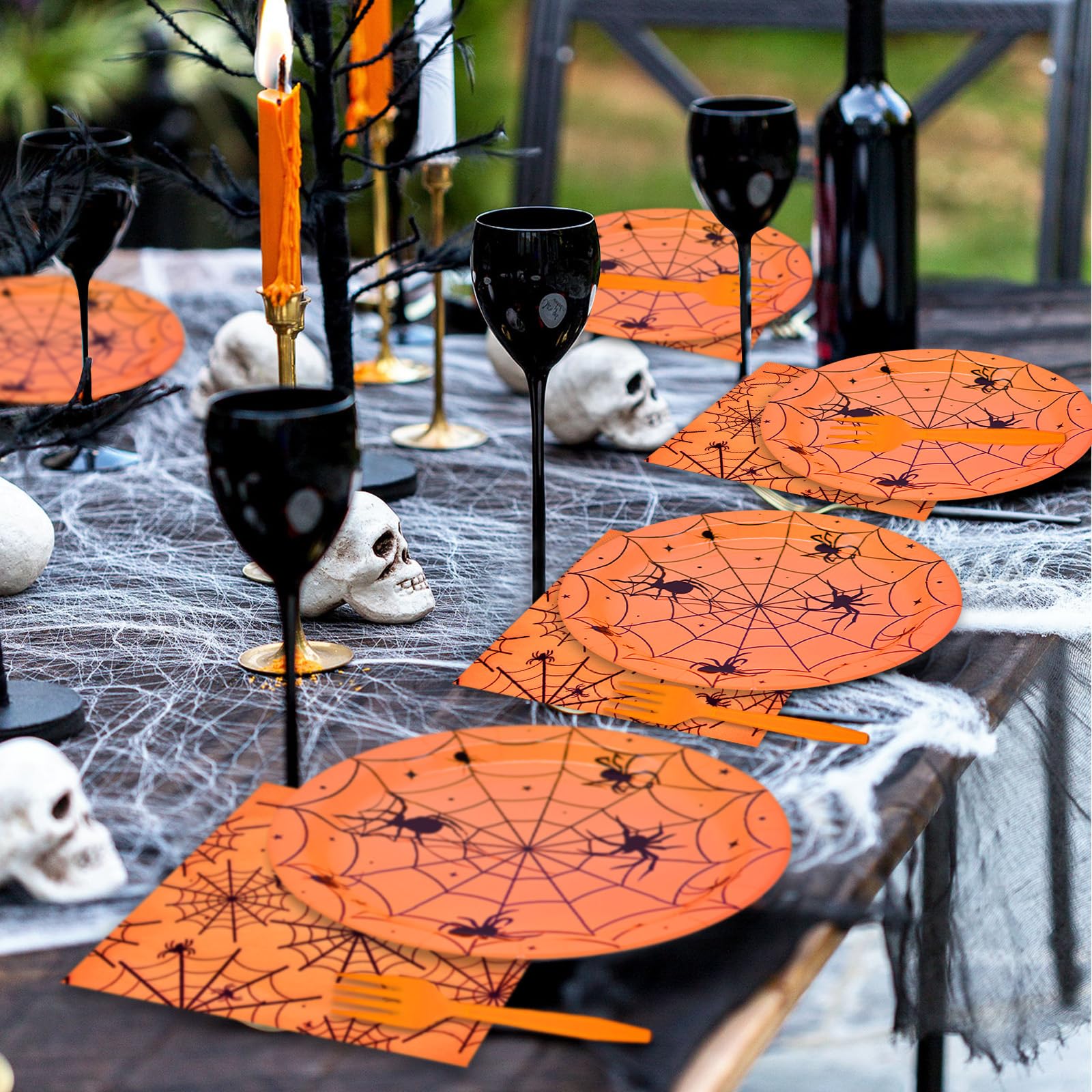 96-Piece Halloween Spider Web Disposable Tableware Set - Orange Paper Plates, Napkins & Forks for Spooky Parties, Birthday Decor - Serves 24 | Perfect for Halloween Dinners, Themed Events & Scary Decorations