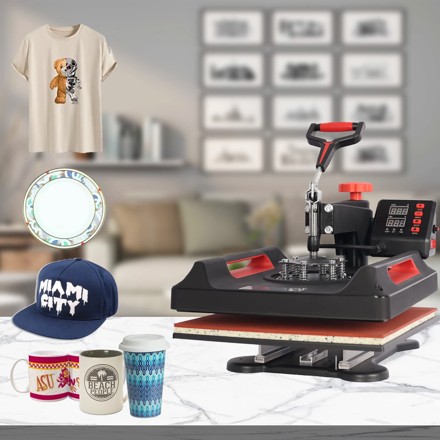 UKPRESS 8-in-1 Heat Press Machine 38x38cm with Digital Control - Sublimation Printing for T-Shirts, Mugs, Hats & More - 360° Swing Away Design (Red) | Perfect for DIY Crafts, Small Business & Custom Apparel Printing