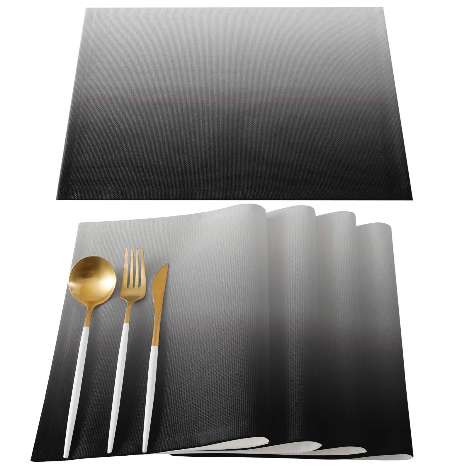 Premium Round Non-Slip Heat Resistant Placemats Set of 6 - Washable Ombre Black & Gray Table Mats for Dining Room, Kitchen & Office - Perfect for Family Meals, Dinner Parties & Daily Use