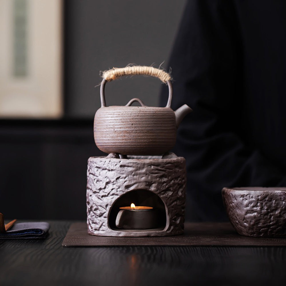 Handmade Coarse Pottery Teapot with Candle Warmer - Ceramic Tea Kettle for Loose Leaf Tea - Perfect for Home, Office & Gift Giving - Creates Cozy Atmosphere for Tea Time & Relaxation