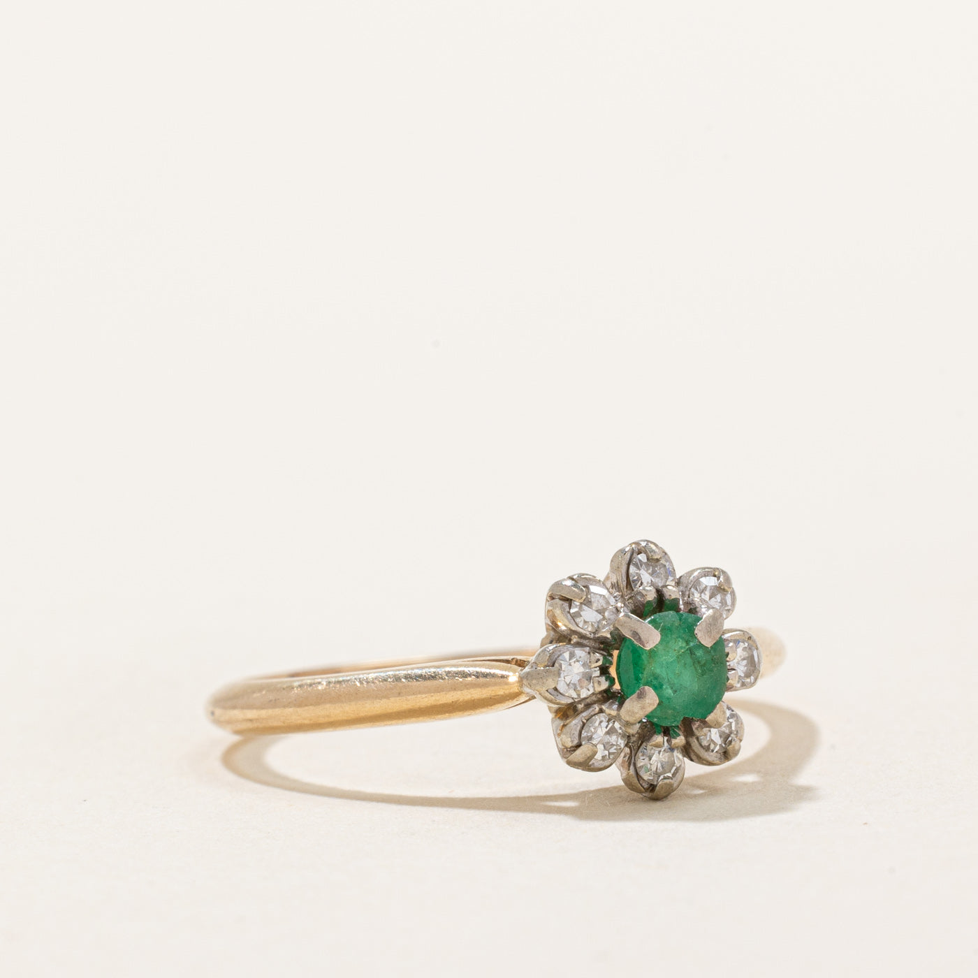 Vintage Canadian Emerald & Diamond Halo Ring - 0.14ct Emerald & 0.06ctw Diamonds - Size 6.75 - Elegant Wedding, Engagement & Anniversary Jewelry Gift for Women