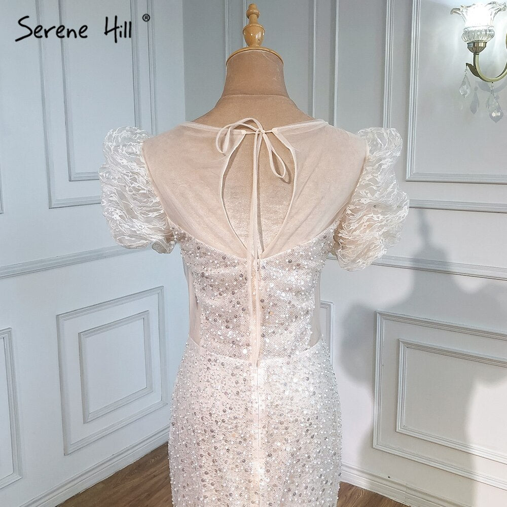 Elegant Ivory Beaded Puffy Sleeves Mermaid Evening Gown for Women - Luxury Party Dress for Prom, Wedding & Special Occasions - Serene Hill LA71300