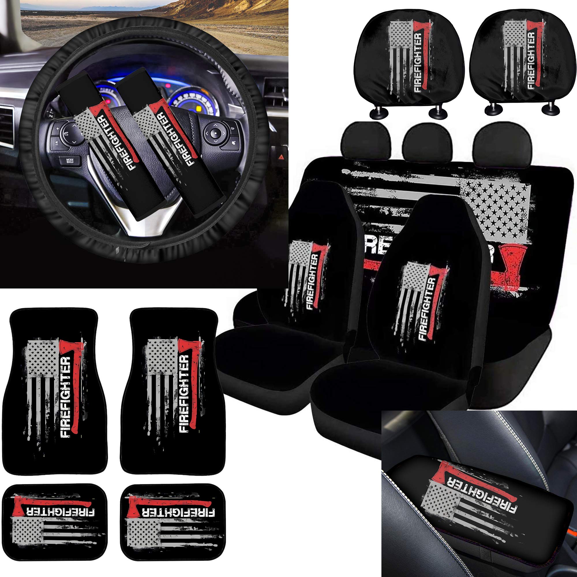 XYZCANDO 14-in-1 Car Interior Accessories Set - Elastic Steering Wheel Cover, Breathable Seat Covers, Non-Slip Floor Mats, Headrest & Armrest Protectors, Safety Seatbelt Covers - Perfect for Firefighters, Truck & SUV Drivers, Long Commutes & Road Trips
