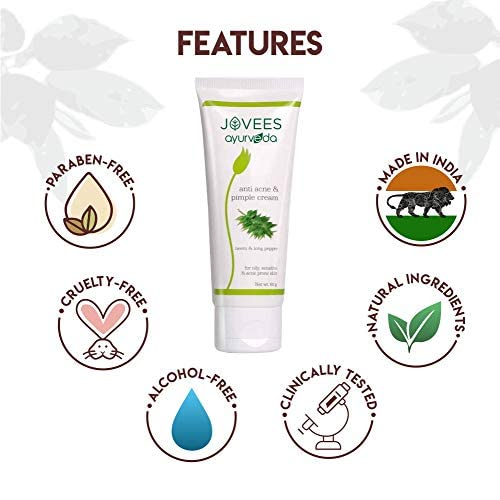 Jovees Ayurveda Neem & Long Pepper Anti Acne and Pimple Cream for Oily, Sensitive & Acne-Prone Skin - Paraben & Alcohol Free Treatment to Clear Breakouts & Prevent Future Acne - 60g | Perfect for Daily Skincare Routine & Teenage Acne Care