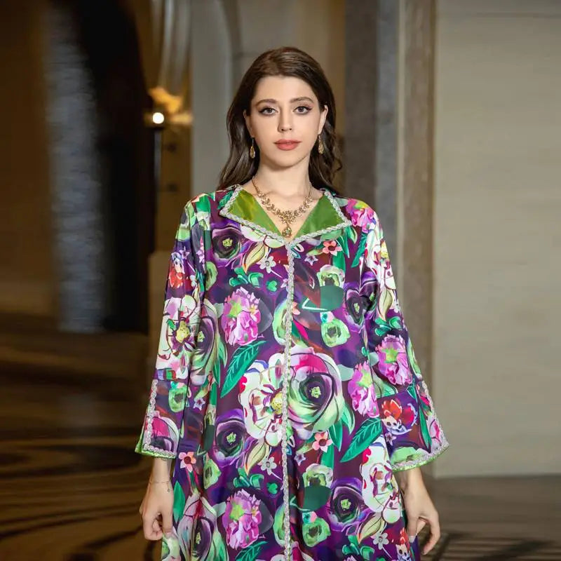 Elegant Hotfix Rhinestone Printed Kaftan Dress for Women - Eid Celebration, Party & Casual Wear - Perfect for Festivals, Weddings and Summer Vacations