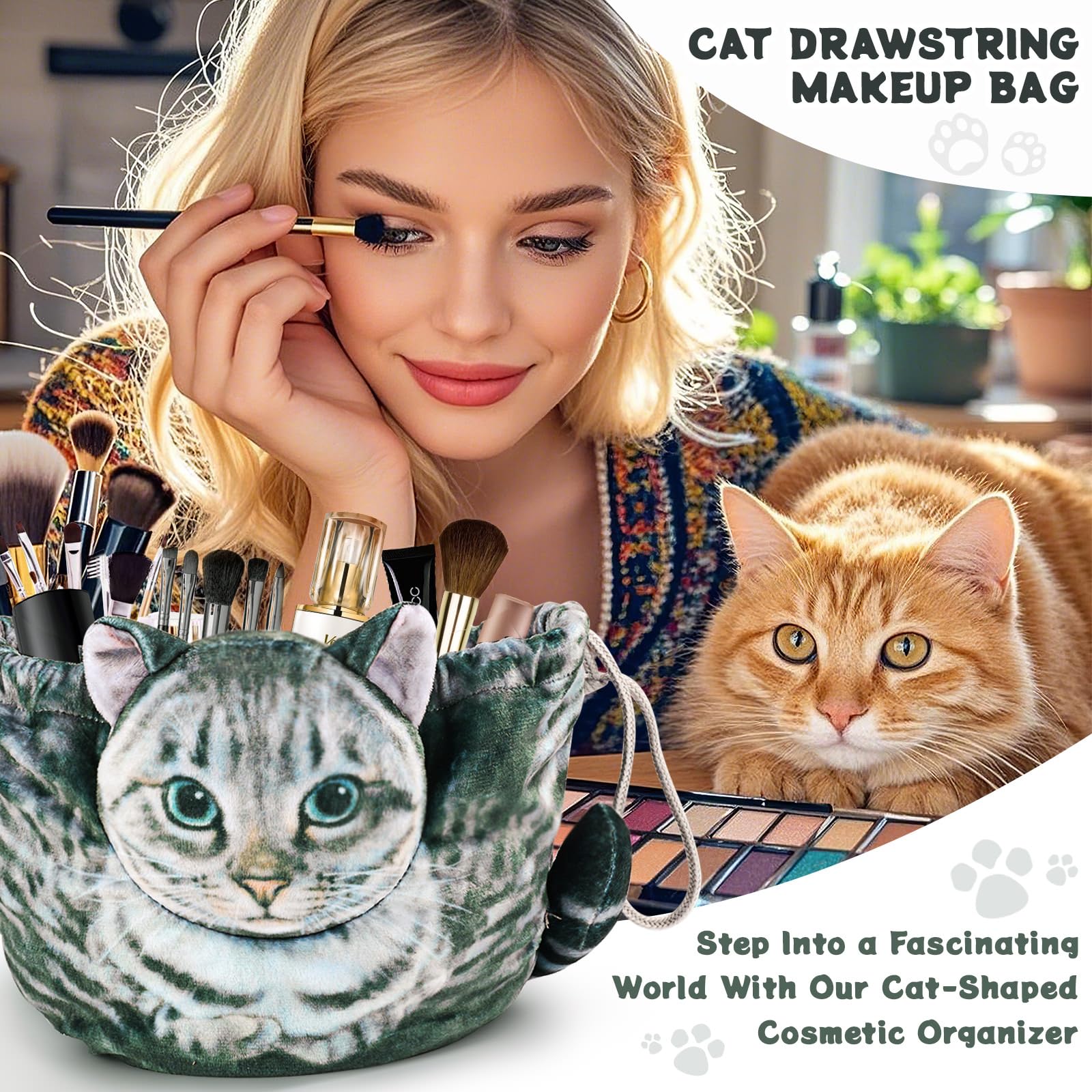 Stylish Grey Tabby Cat Shaped Drawstring Makeup Bag for Women - Cute Cosmetic Case | Perfect for Travel, Gym & Daily Organizer