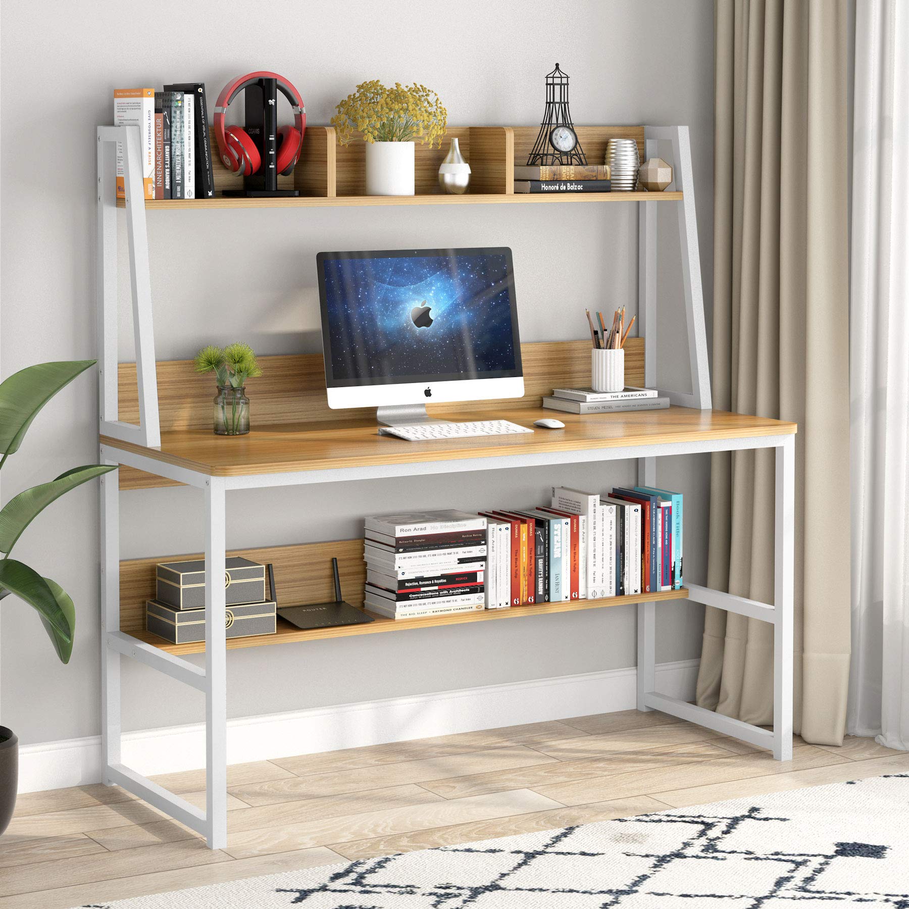 Tribesigns 47 Inch Modern Computer Desk with Hutch and Bookshelf - Light Walnut Home Office Desk for Study, Writing & Work | Perfect for Small Spaces, Remote Work & Student Dorm Rooms