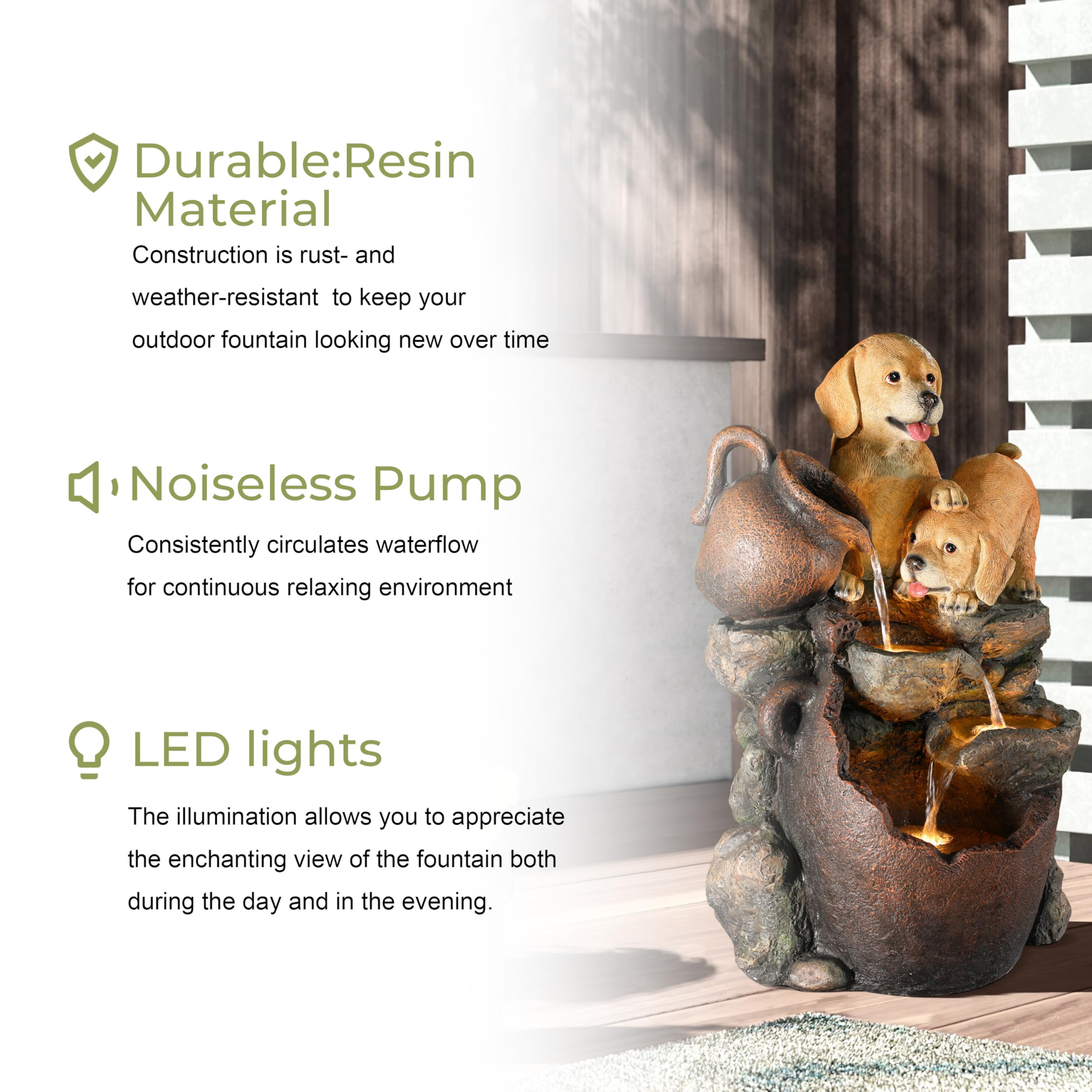 LuxenHome 25 Inch Resin Outdoor Water Fountain with LED Lights - Puppy and Pitchers Pot Design for Farmhouse, Patio, Garden Decor | Indoor/Outdoor Waterfall Feature for Relaxing Ambiance