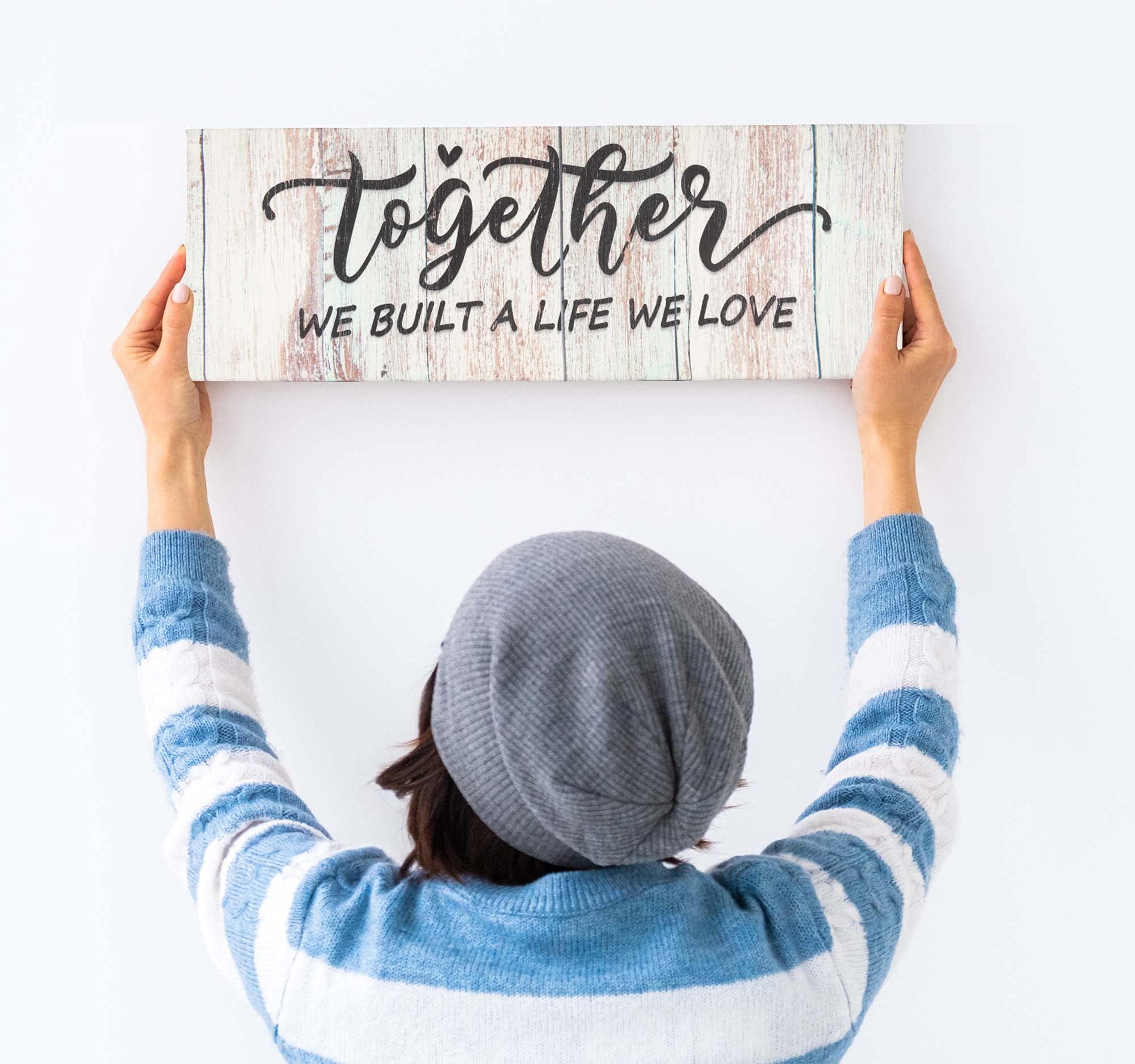 Together We Built A Life We Love - 6x17 Inch Rustic Farmhouse Wall Art Sign, Stretched Canvas Quote Decor for Living Room, Bedroom & Home Office