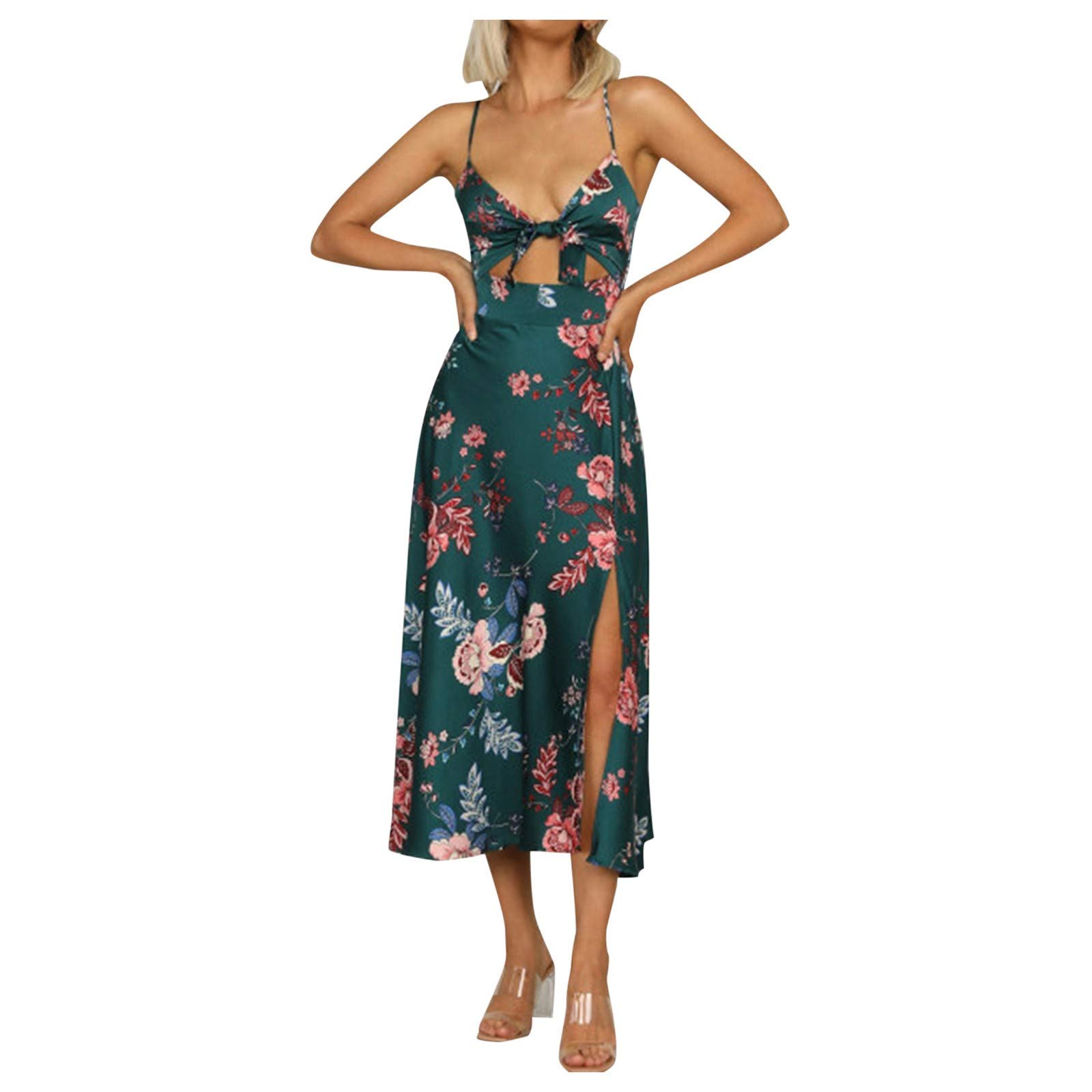 Women's Stretch Spaghetti Strap V-Neck Party Dress with Long Bow - Flattering Printed Elegant Dress for Women | Perfect for Cocktail Parties, Date Nights & Special Occasions