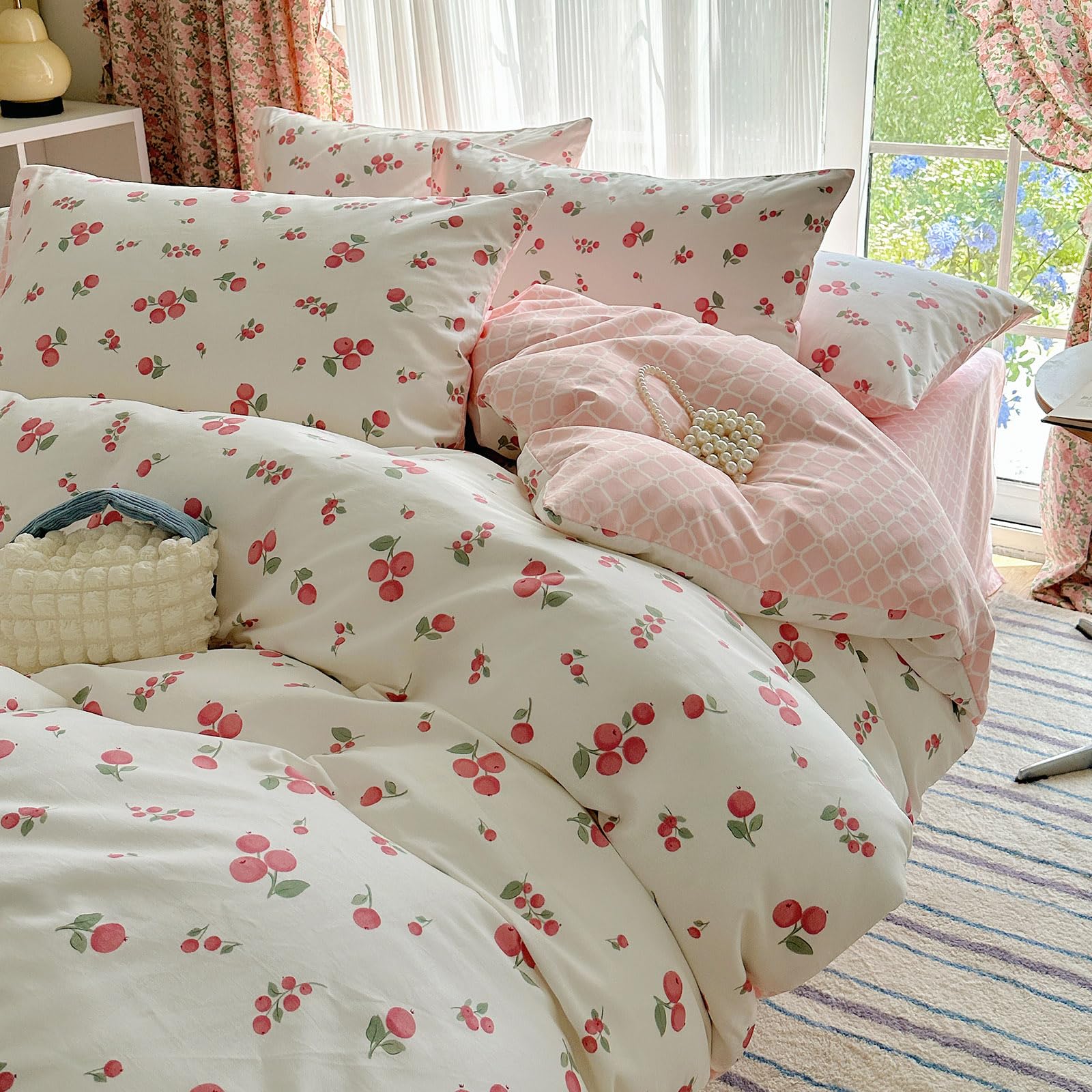 VM VOUGEMARKET Queen Size Pink Cherry Blossom Bedding Set - Reversible Geometric Duvet Cover with 2 Pillowcases 100% Cotton Kawaii Comforter for Teen Girls - Perfect for Spring Decor, Girls' Bedroom & Kawaii Aesthetic Room Makeover