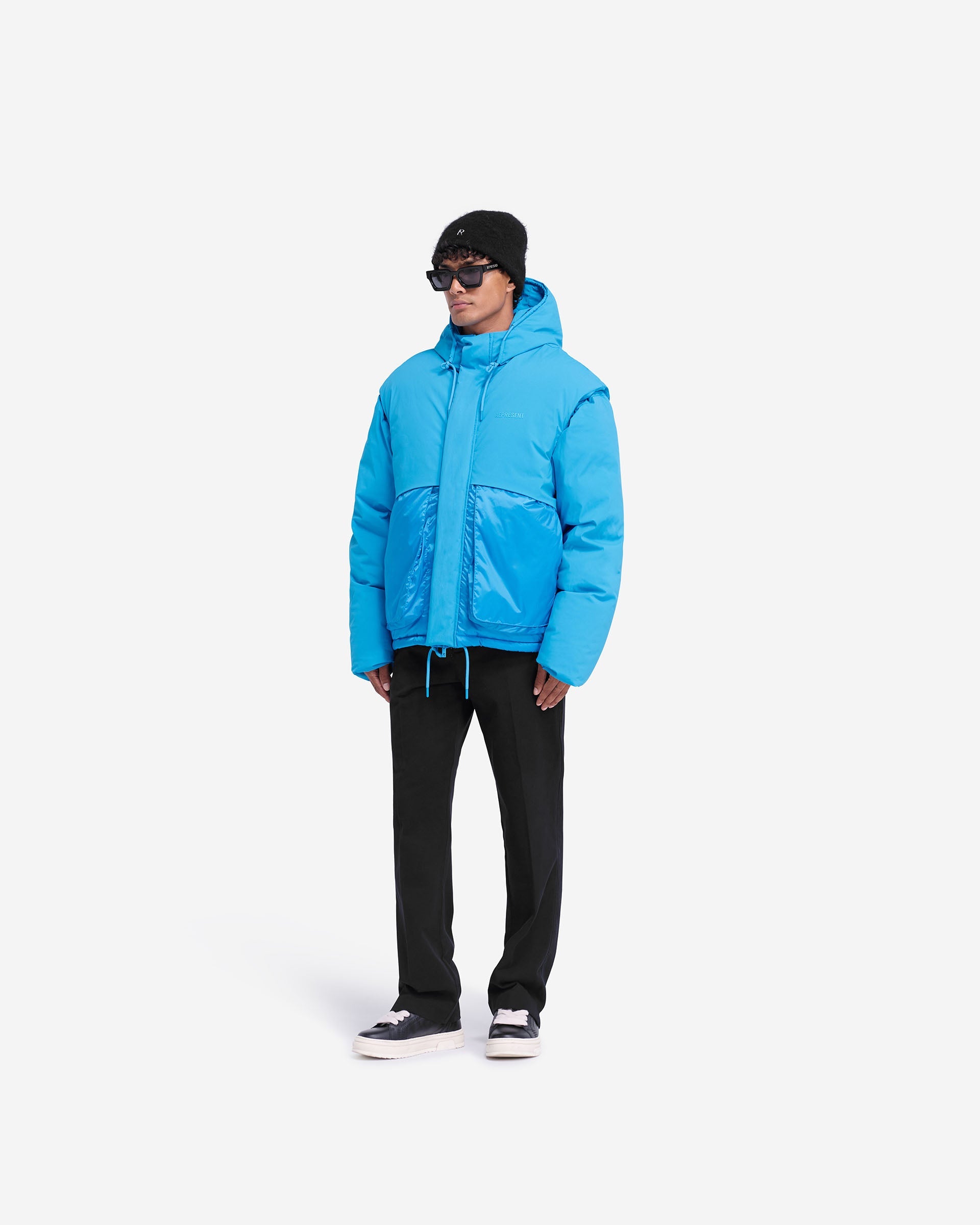 Electric Blue Layered Hooded Puffer Jacket - Women's Winter Coat for Cold Weather, Outdoor Activities & Casual Wear