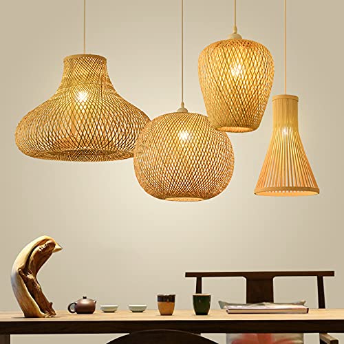 LITFAD Hand-Woven Asian Style Bamboo Pendant Light - Adjustable Cord 1 Bulb Hanging Fixture in Beige for Dining Room, Living Room, Restaurant - Perfect for Boho Decor, Zen Atmosphere & Cozy Home Lighting