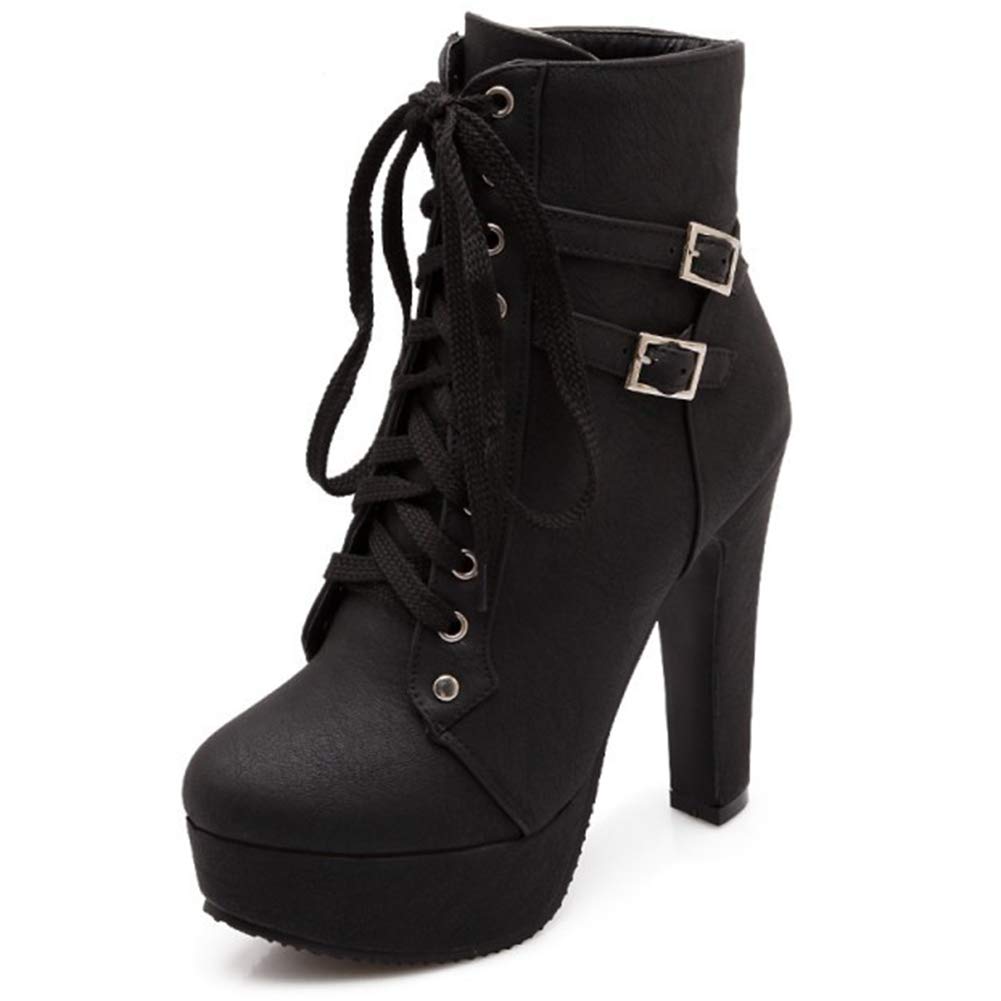 **Susanny Women's Sexy Round Toe Lace Up High Heel Boots - Platform Mid Calf Boots for Party, Night Out & Fashion**