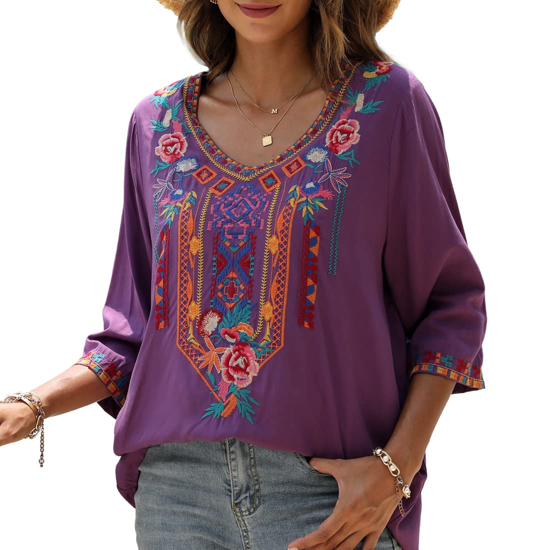 AK Embroidered Women's 3/4 Sleeve Peasant Blouse - Mexican Style V-Neck Tunic Top for Casual Wear | Perfect for Boho Outfits, Summer Vacations & Festival Fashion