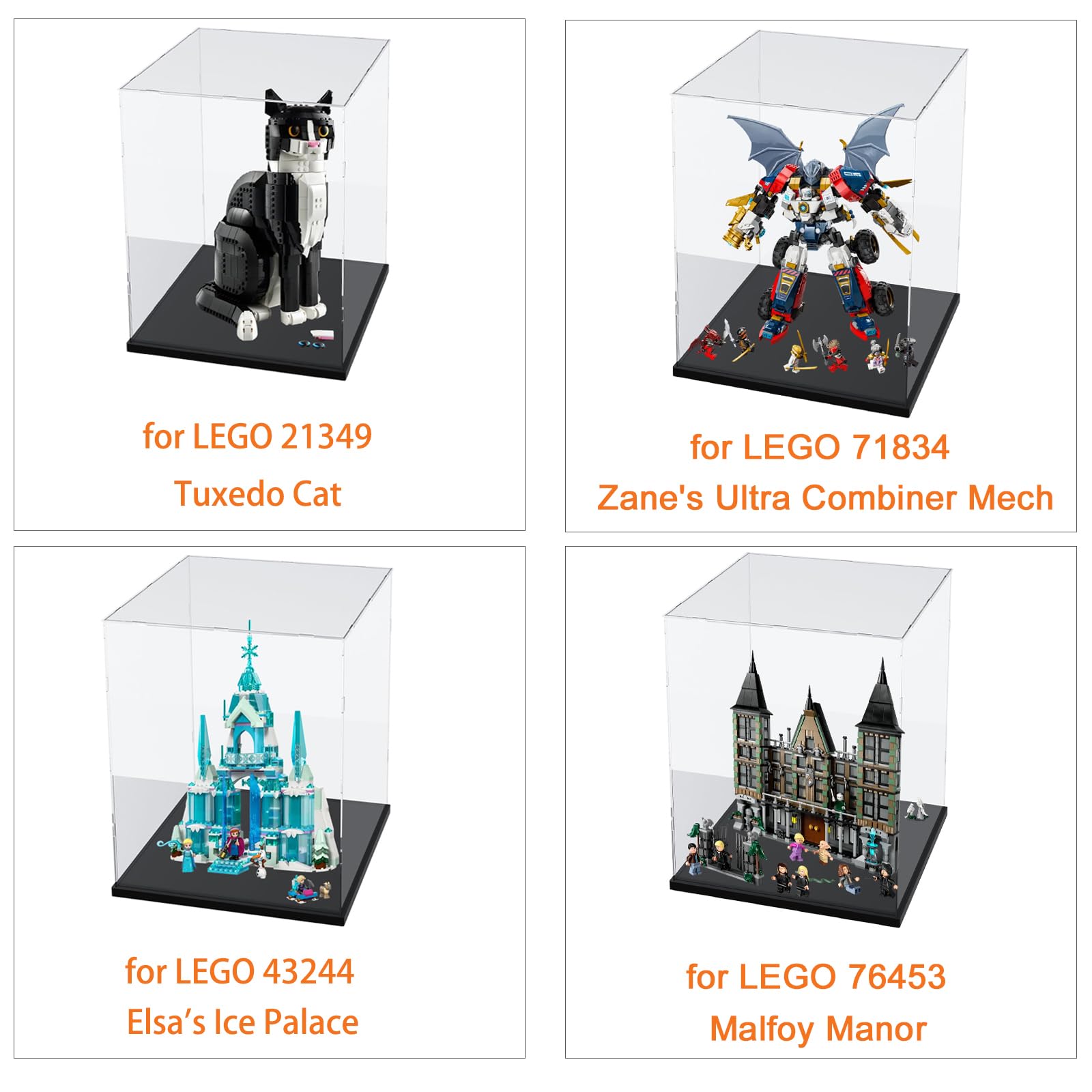 Thickened Clear Acrylic Display Case with Wood-Plastic Base for Lego Sets 21349 71834 76453 43244 - Transparent Collectible Display Box with LED Light for Action Figures & Toys (Black Interior, 11.8x11.8x15.7 inch) - Perfect for Home Decor, Office Display & Gift Packaging
