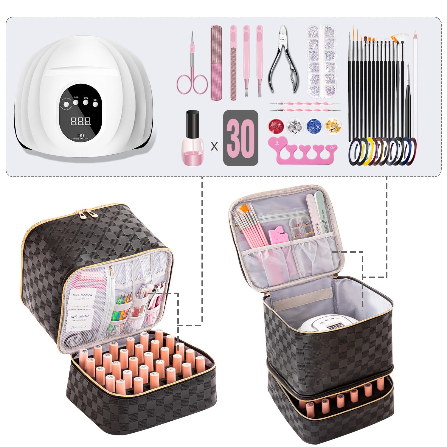 30 Bottles Nail Polish Organizer Bag with Gel Nail Lamp Holder - Portable Nail Tech Carrying Case for Manicure Professionals (Checkerboard Black) | Perfect for Salon Storage, Travel & Home Organization
