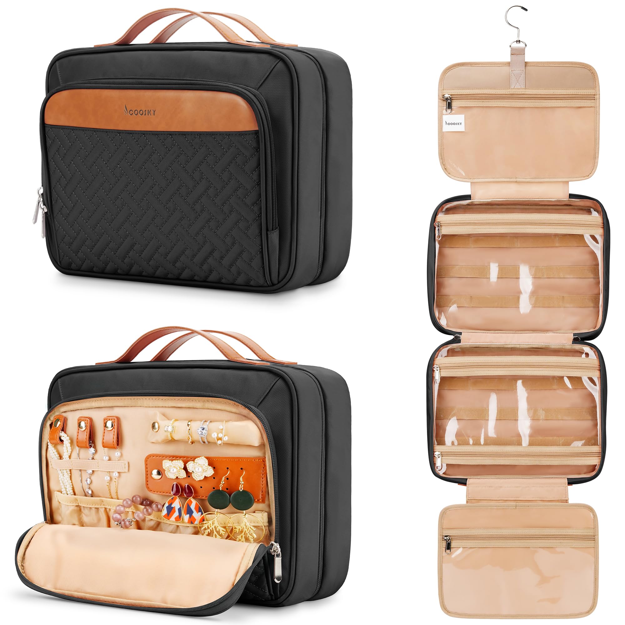 Waterproof Hanging Toiletry Bag for Women with Jewelry Organizer - Travel Cosmetic Essentials & Makeup Accessories Dopp Kit - Medium Size with Trolley Belt (Black) - Perfect for Airplane, Camping & Gym Trips