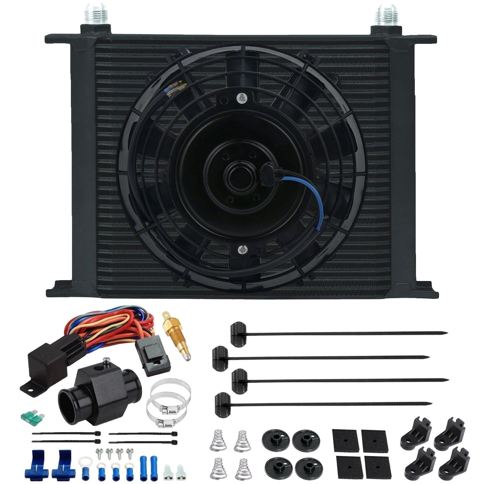 30 Row 10 6AN Transmission Oil Cooler with Electric Fan & Hose Grounding Switch Kit - Heavy Duty Cooling for Performance Cars, Trucks & Off-Road Vehicles