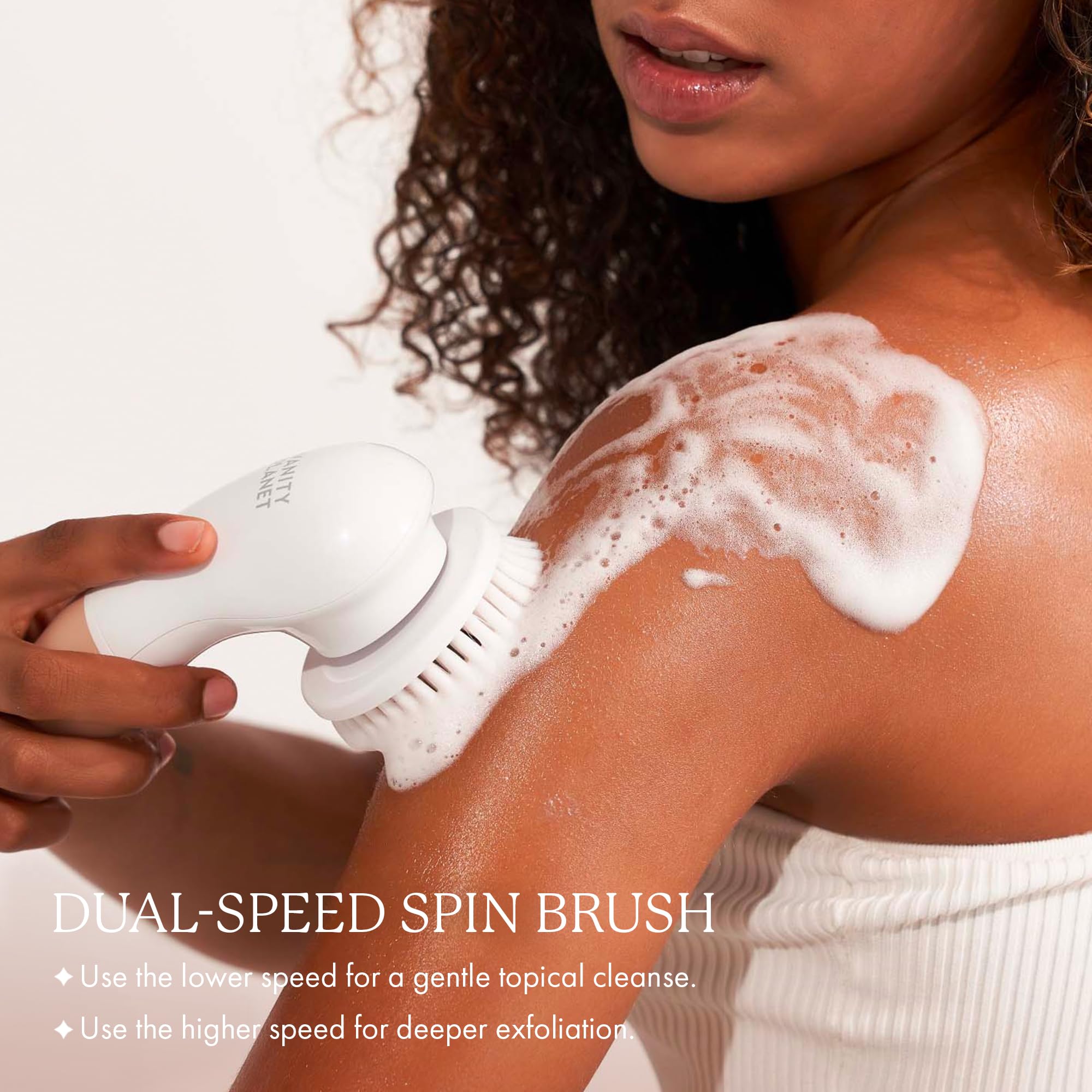 Vanity Planet Raedia Handheld Facial Cleansing Brush with 4 Interchangeable Brush Heads - Waterproof Electric Face Exfoliator for Daily Skin Cleansing - Lightweight Design for Glowing Skin (Warm Grey) - Perfect for Travel, Home Spa & Skincare Routine