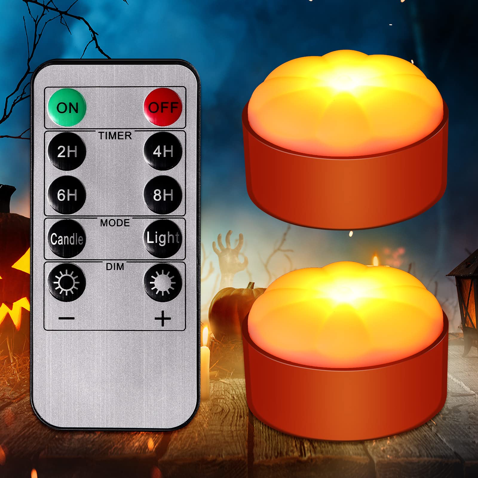 2 Pack Halloween LED Pumpkin Lights - Battery Operated Dimmable Jack O'Lantern with Remote & Timer - Bright Flameless Electric Candles for Indoor/Outdoor Pumpkin Decorations - Perfect for Porch, Yard, Party & Spooky Home Decor