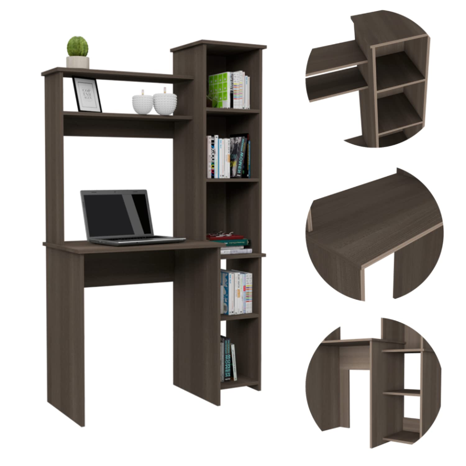 Ergonomic 5-Shelf Desk with 2 Premium Shelves in Smokey Oak Finish - Perfect for Home Office, Study Room & Workspace Organization