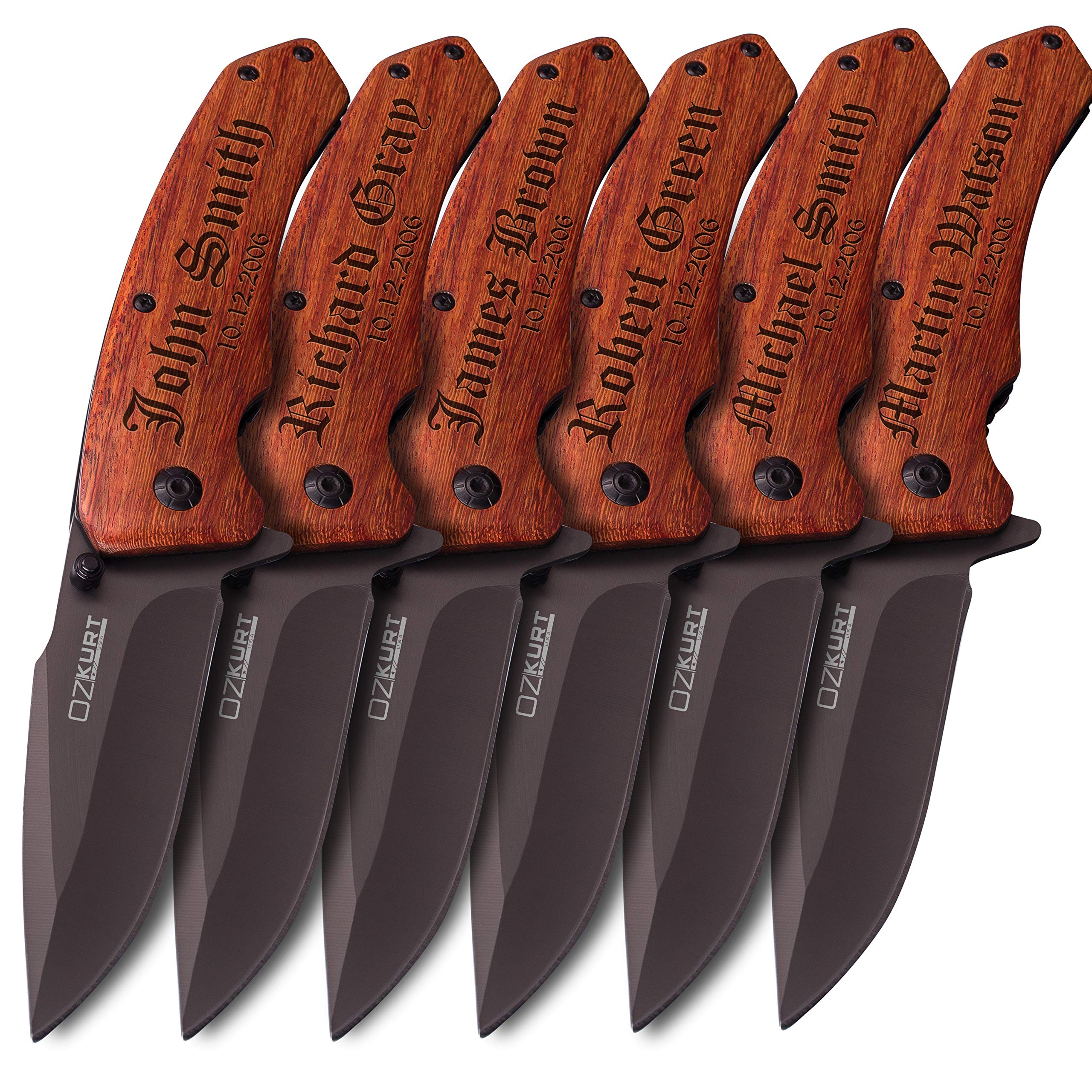 Personalized Pocket Knife Gift Set for Dad & Groomsmen - Custom Engraved Oz-Kurt Knives by Lara Laser Works (6-Piece Set) - Perfect for Weddings, Father's Day & Outdoor Adventures