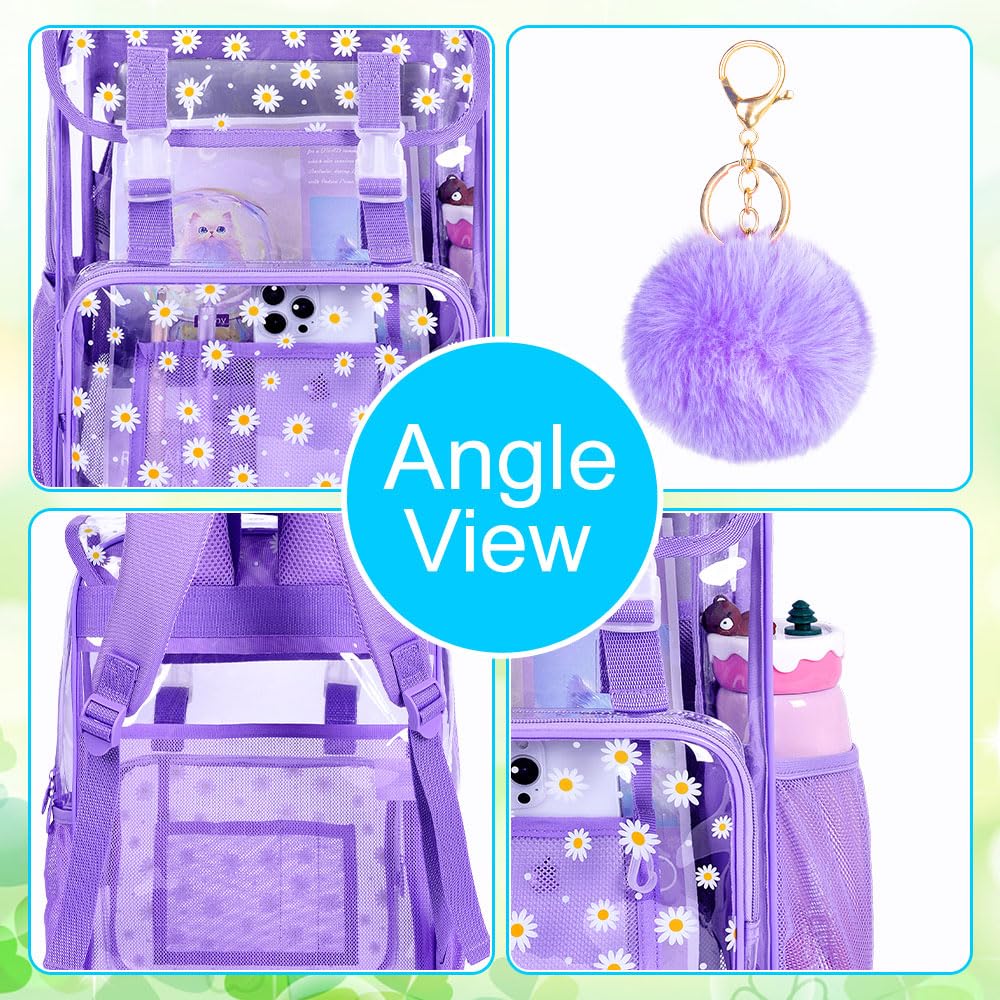 3PCS Clear PVC Backpack for Women & Girls - Heavy Duty See Through School Bookbag with Lunch Box, Large Stadium Approved Transparent Backpack (Purple Daisy) - Perfect for School, Concerts, Travel & Security Checkpoints