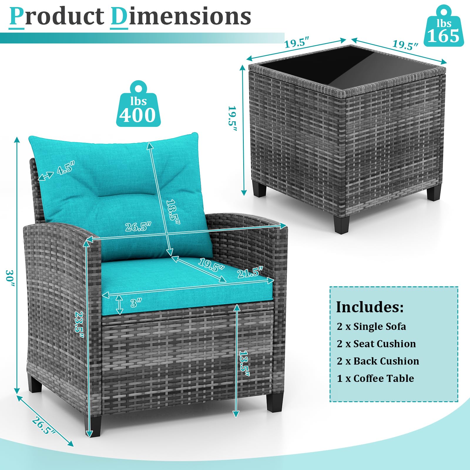 KOTEK 3-Piece Outdoor Patio Furniture Set - PE Rattan Wicker Chairs & Glass Tabletop Conversation Set with Washable Cushions for Porch, Garden, Balcony - Perfect for Relaxing, Entertaining & Outdoor Dining (Turquoise)