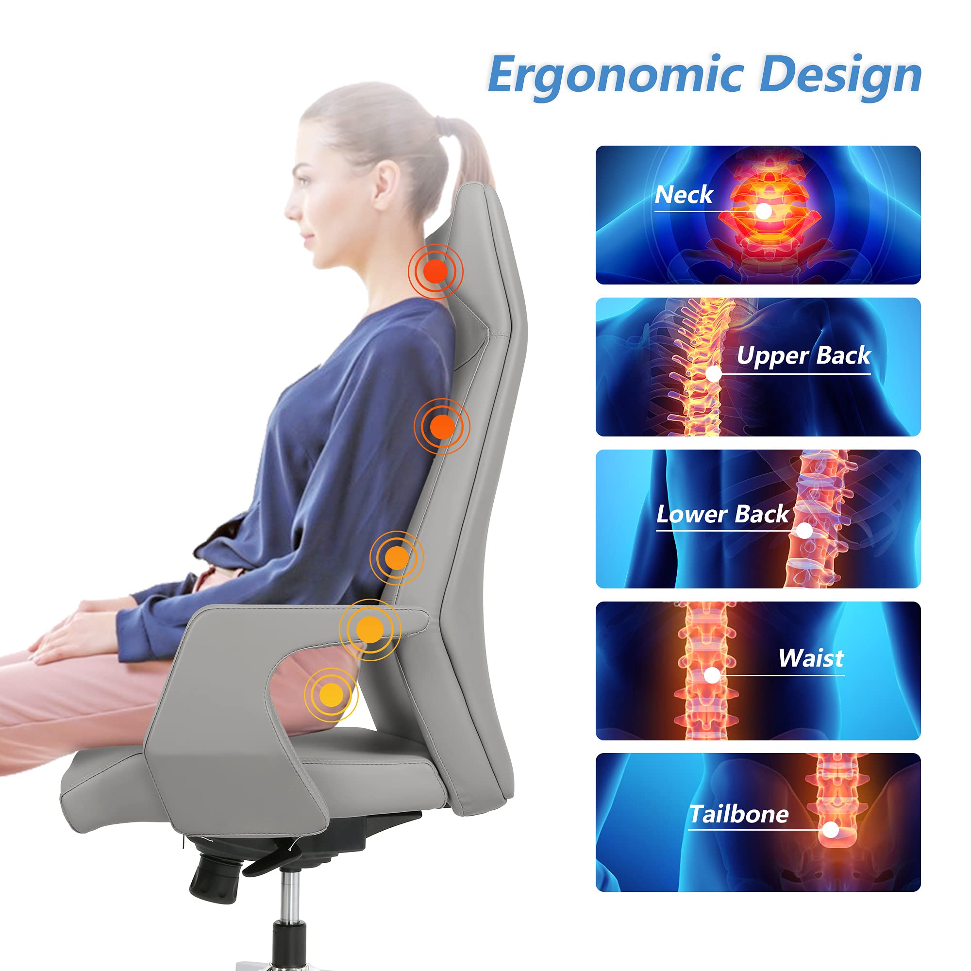 LUCKYERMORE Ergonomic High Back Office Chair - Adjustable Height Swivel PU Leather Desk Chair with Thick Cushion & Tilt Function, Easy Assembly, Grey - Perfect for Home Office, Gaming & Workspace Comfort
