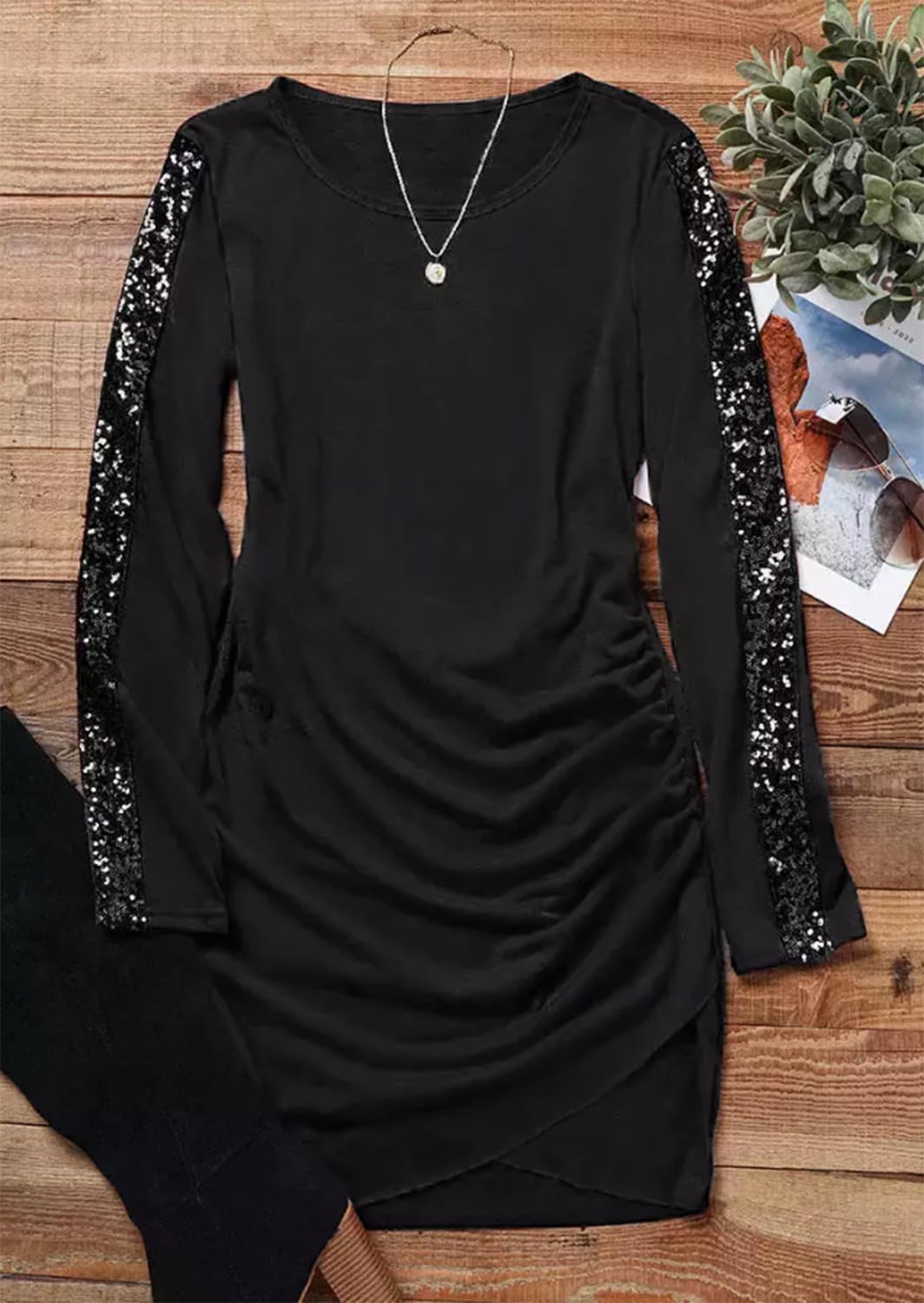 FECAFO Women's Glitter Sequin Bodycon Dress - Long Sleeve Ruched Wrap Mini Dress for Evening Party & Club Wear | Perfect for Night Out, Cocktail Events & Special Occasions
