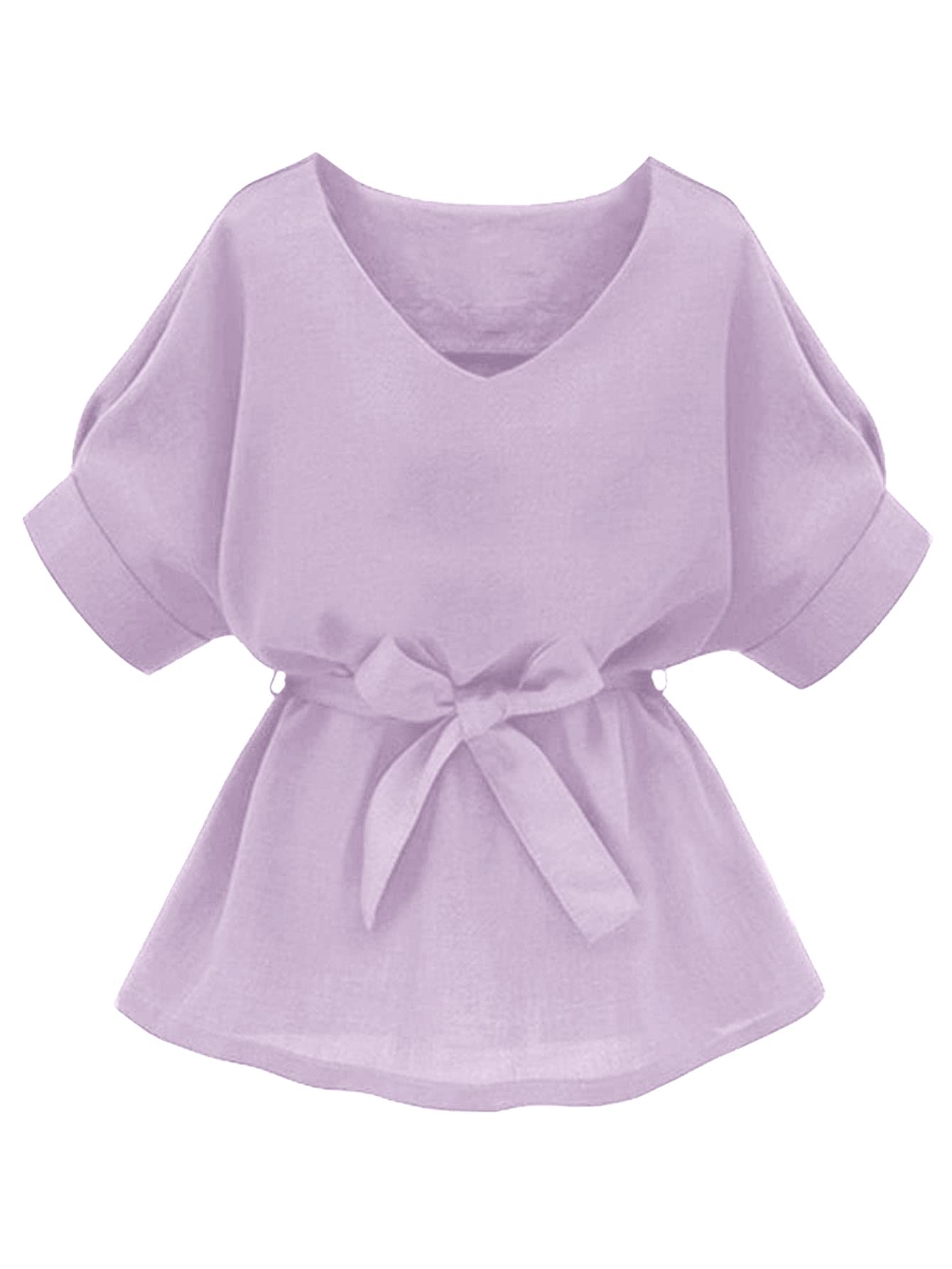 Milumia Women's Casual V-Neck Self-Tie Short Sleeve Blouse Tunic Top for Office Work & Summer Outfits | Lightweight Comfortable Work Shirt for Business Casual & Everyday Wear