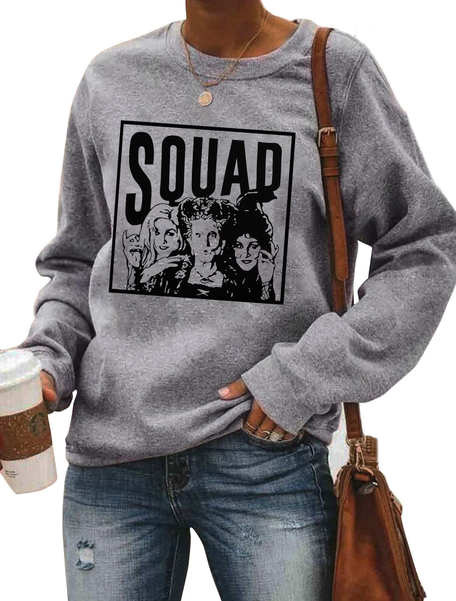 LHBNK Halloween Squad Sweatshirt for Women | Hocus Pocus Inspired Long Sleeve Shirt | Sanderson Sisters Pullover Top | Cozy Fall Blouse for Halloween Parties, Movie Nights & Witchy Outfits