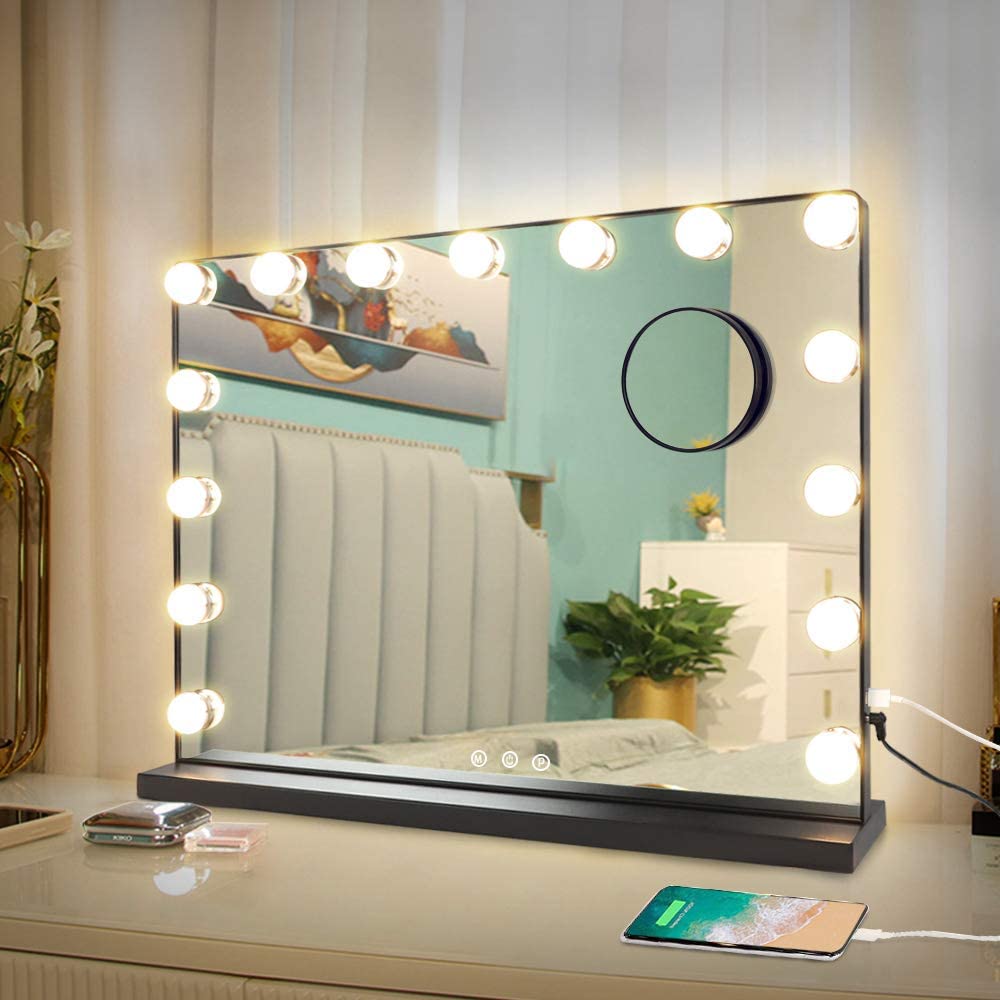 Depuley 23 x 18 Inch LED Makeup Vanity Mirror with 3 Color Changing & 15 Dimmable Bulbs, Smart Touch Control, 10X Magnification - Perfect for Bedroom, Dressing Room & Tabletop (Black, 58 x 44 cm) - Ideal for Makeup Application, Skincare Routine & Hair Styling