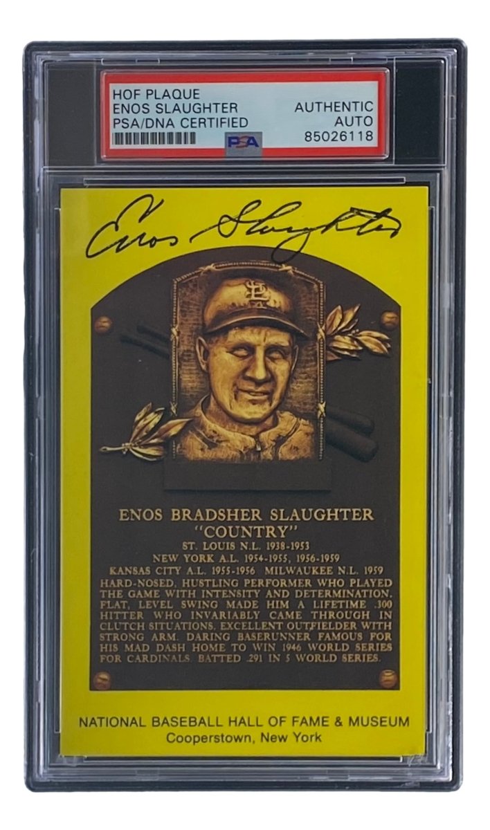 Enos Slaughter Autographed 4x6 St Louis Cardinals HOF Plaque Card - PSA/DNA Certified #85026118 - Perfect for Baseball Memorabilia Collections & Sports Fan Gifts