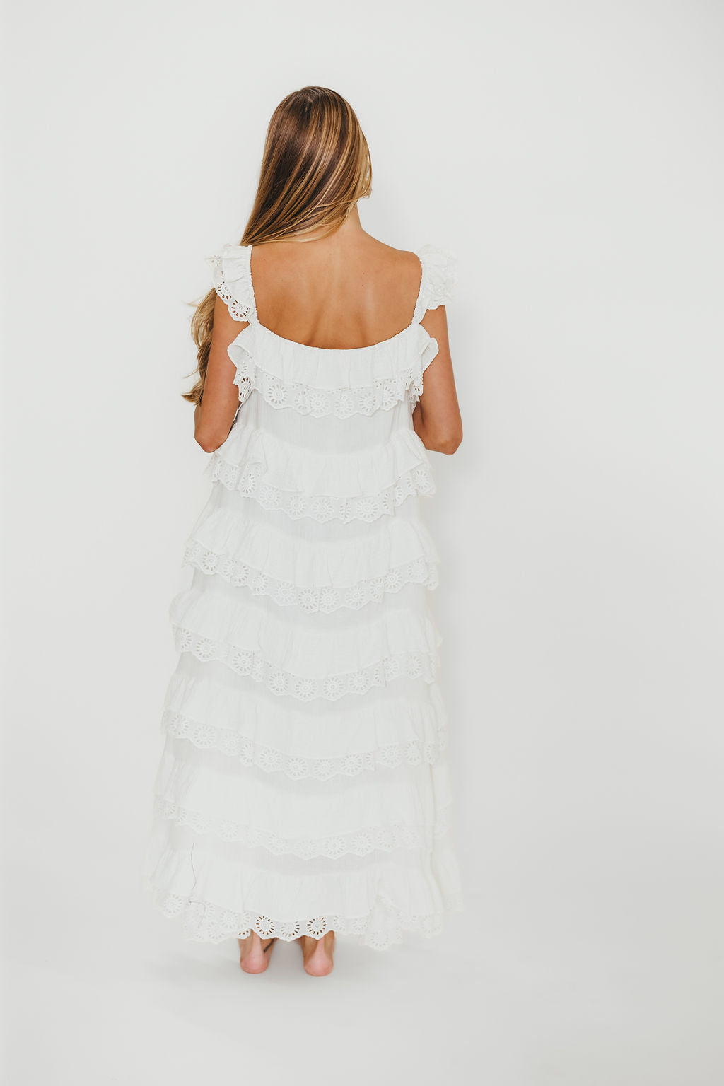 Mikayla 100% Cotton Lace and Gauze Contrast Tiered Maxi Dress in Off White - Elegant Boho Summer Beach Wedding Party Dress for Women