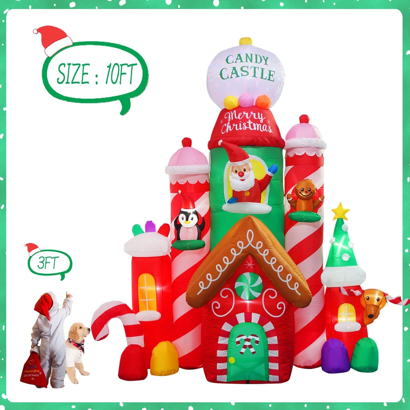 10FT Tall Christmas Inflatable Candy Castle with Santa, Gingerbread & Penguin - Giant Outdoor Holiday Decoration for Yard, Lawn & Garden - Perfect for Christmas Party Decor & Neighborhood Displays
