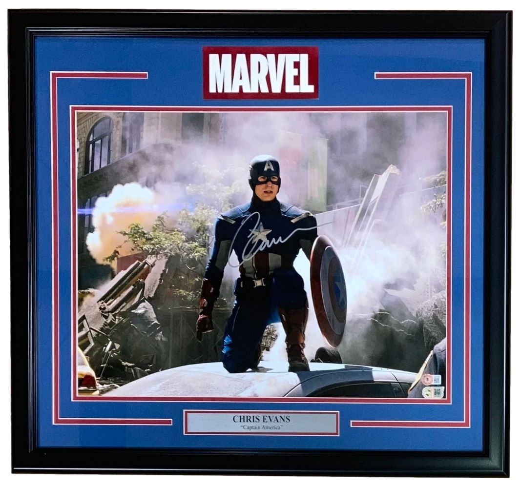 Chris Evans Autographed Captain America Kneeling Photo - 16x20 Framed Collectible with BAS LOA - Perfect for Marvel Fans, Movie Memorabilia & Superhero Decor